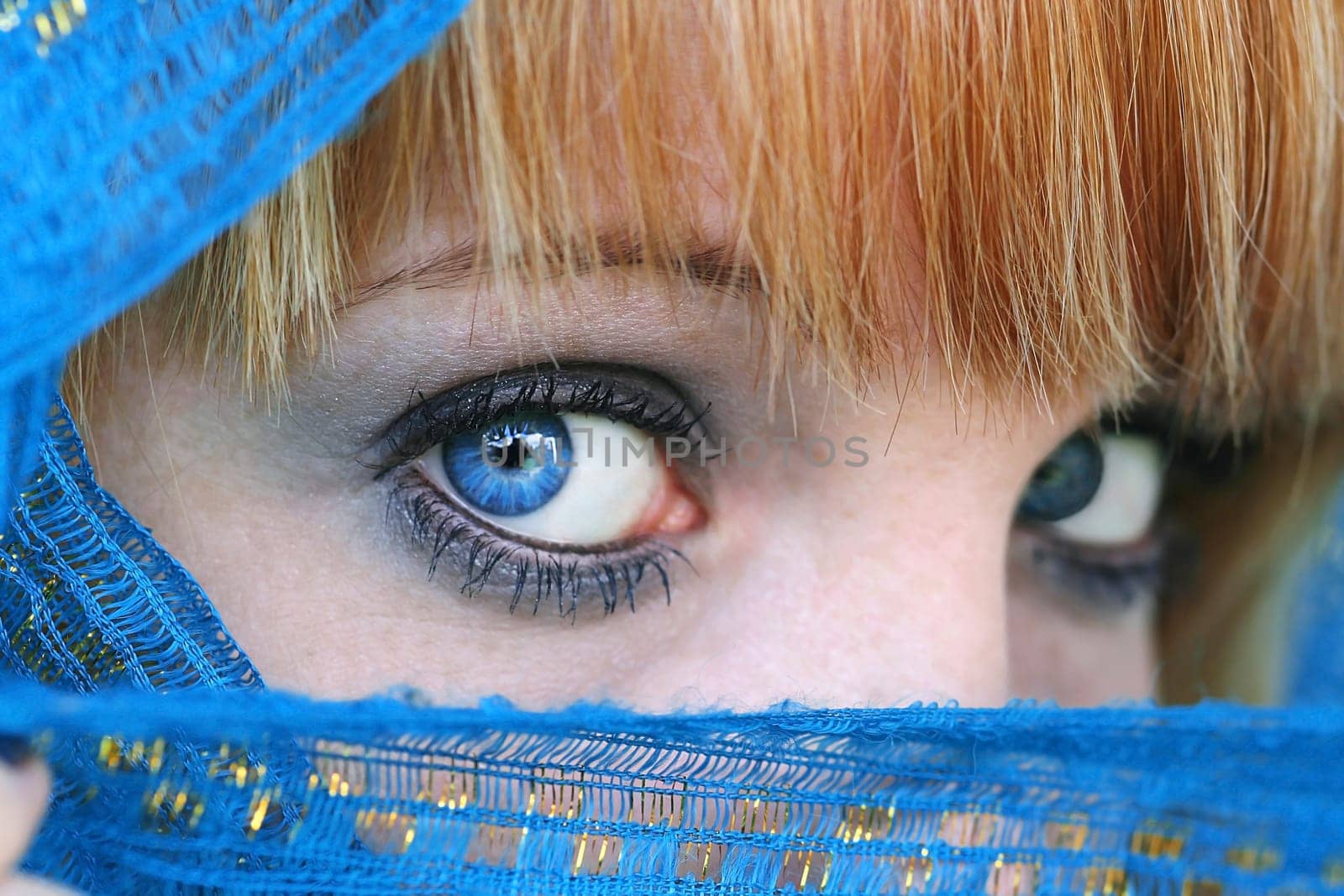 A blonde young woman with blue eyes and a blue veil