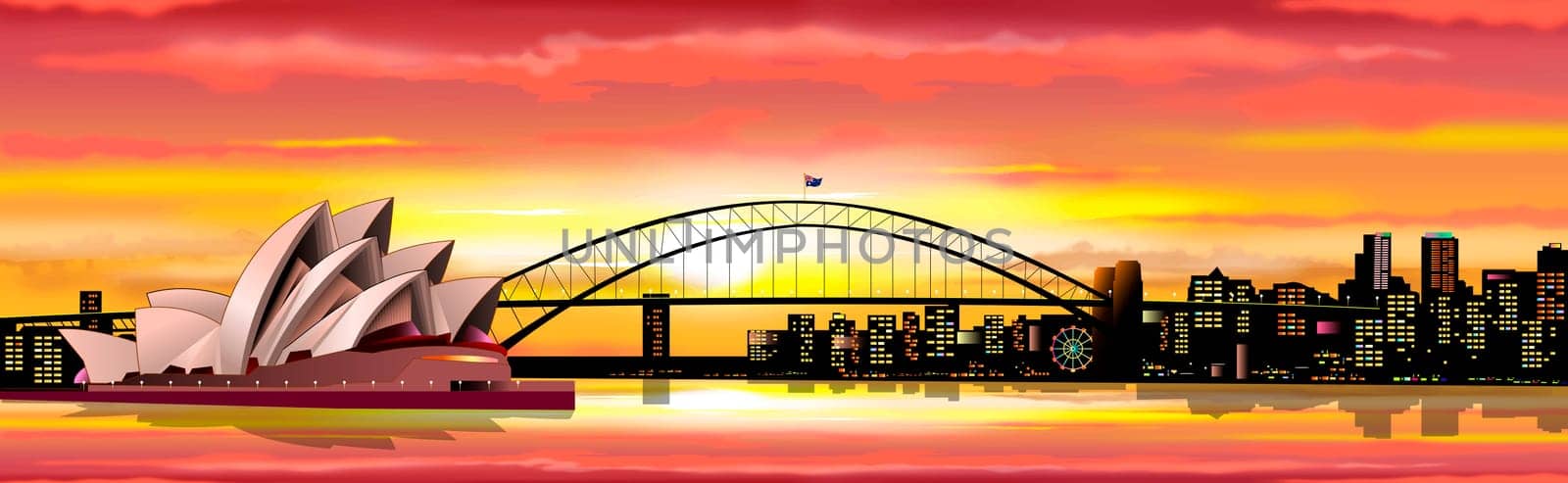Australian city of Sydney. Opera building. Bridge over the bay. Sun, sky with clouds. Sunset.