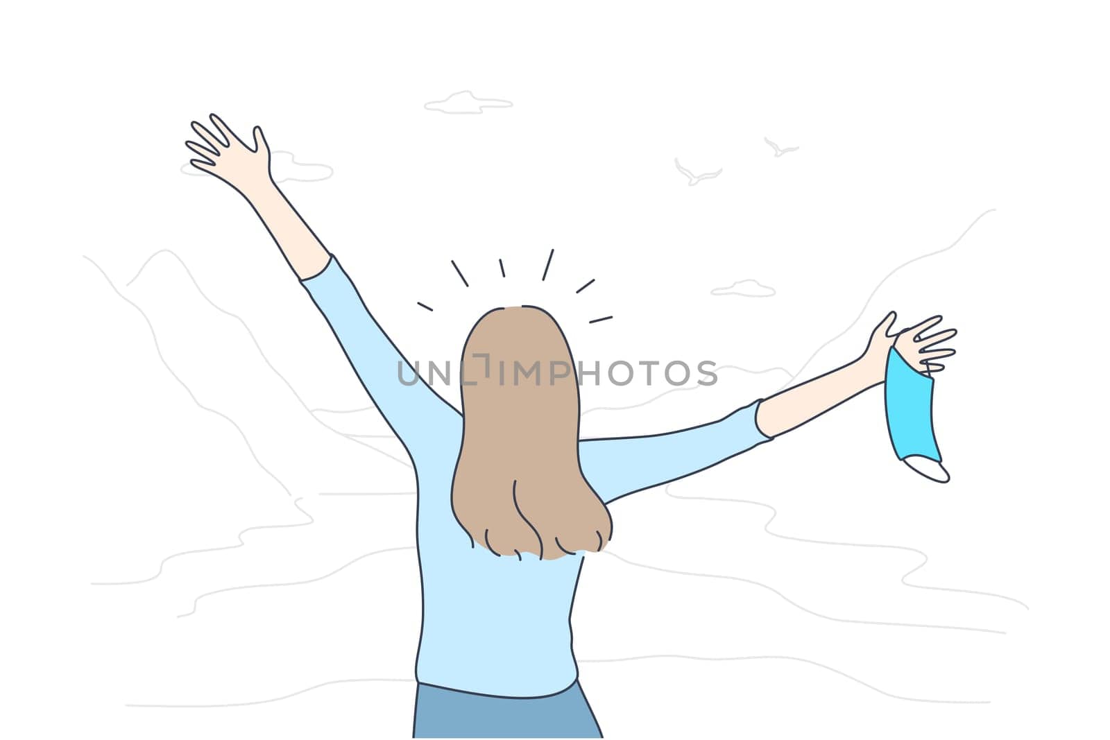 Recovery from COVID-19, Defeating illness concept. Young woman celebrating and enjoying freedom, health and nature without mask after successful curing coronavirus infection illustration