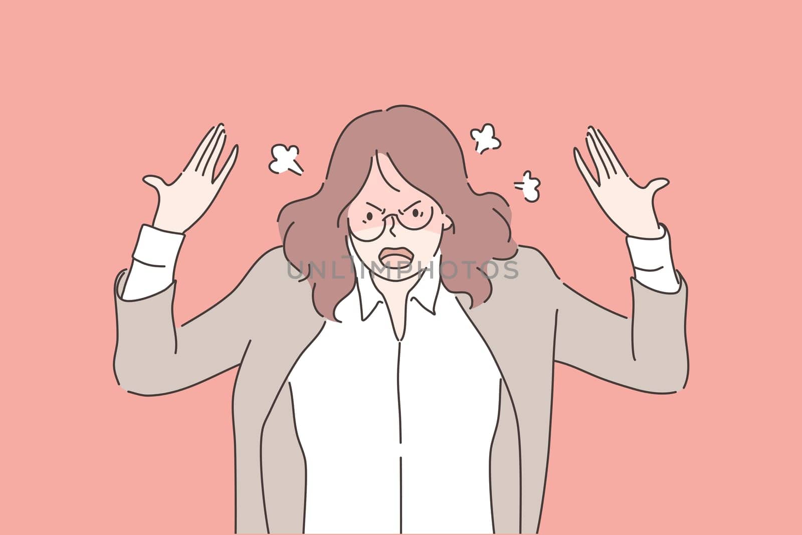 Anger, agression, stress, depression, nervous breakdown, business concept. Angry mad furious businesswoman, girl clerk manager yelling. Nervous breakdown. Raising of stress level and mental hysterics.