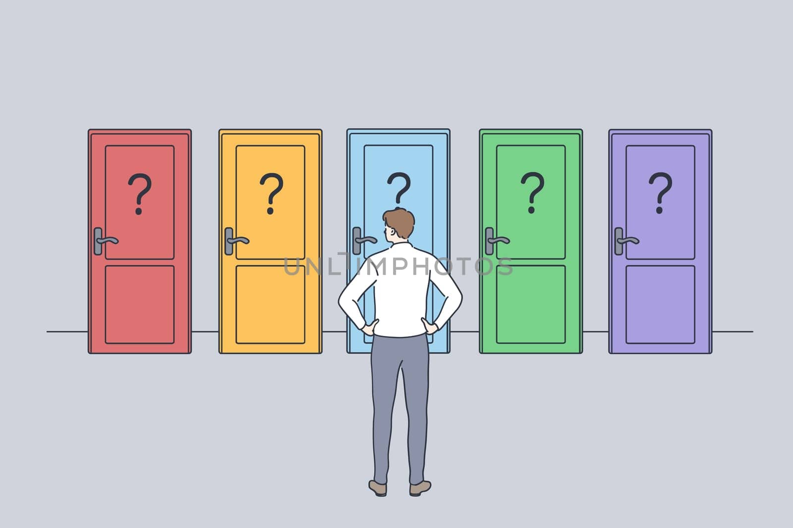 Hard decision, success or failure concept. Businessman standing backwards in front of colourful doors trying to choose one thinking of unknown future and opportunities illustration