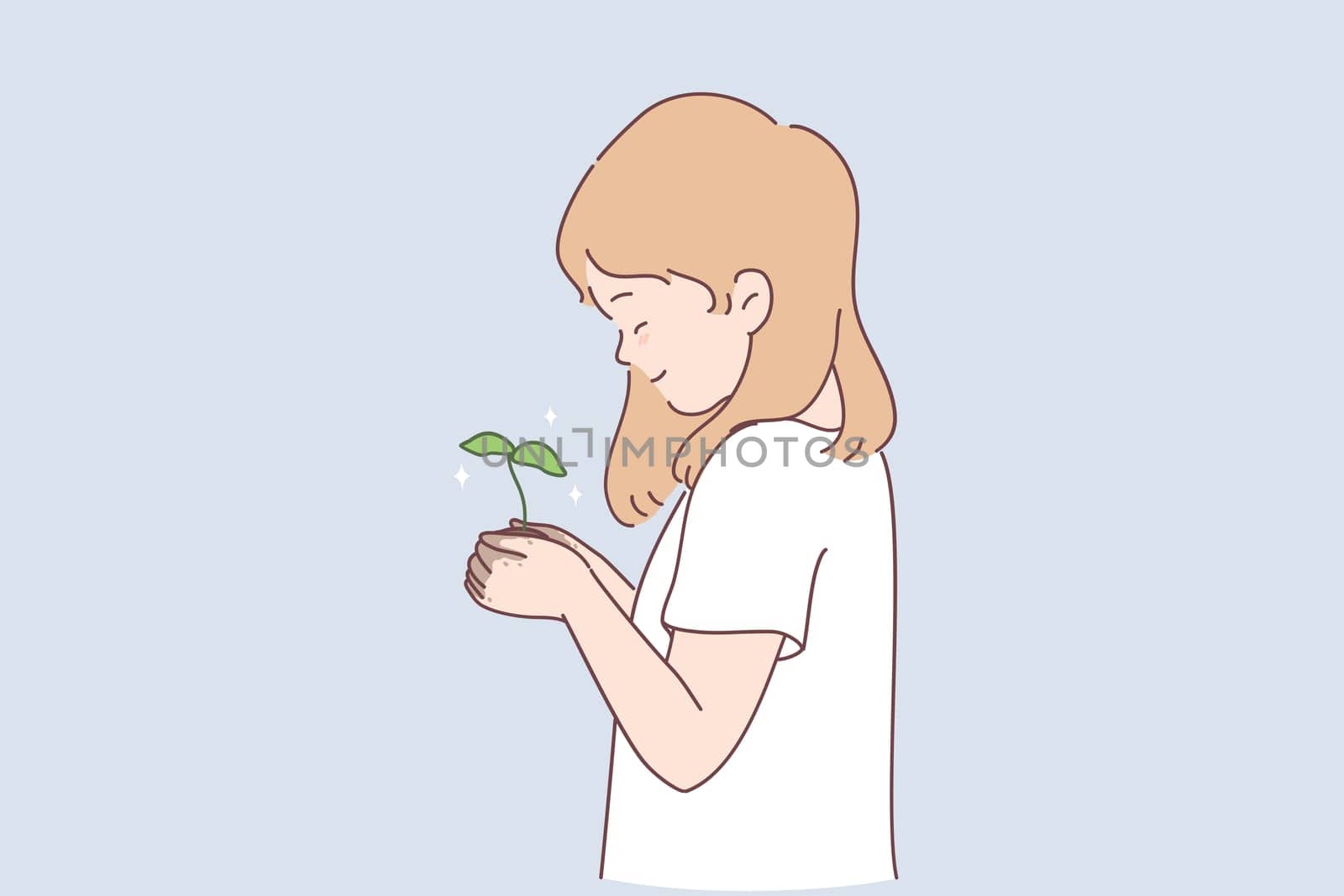Sustainable lifestyle, ecological conversation, nature concept. Small smiling girl cartoon character standing and holding green plant with ground in hands in garden vector illustration