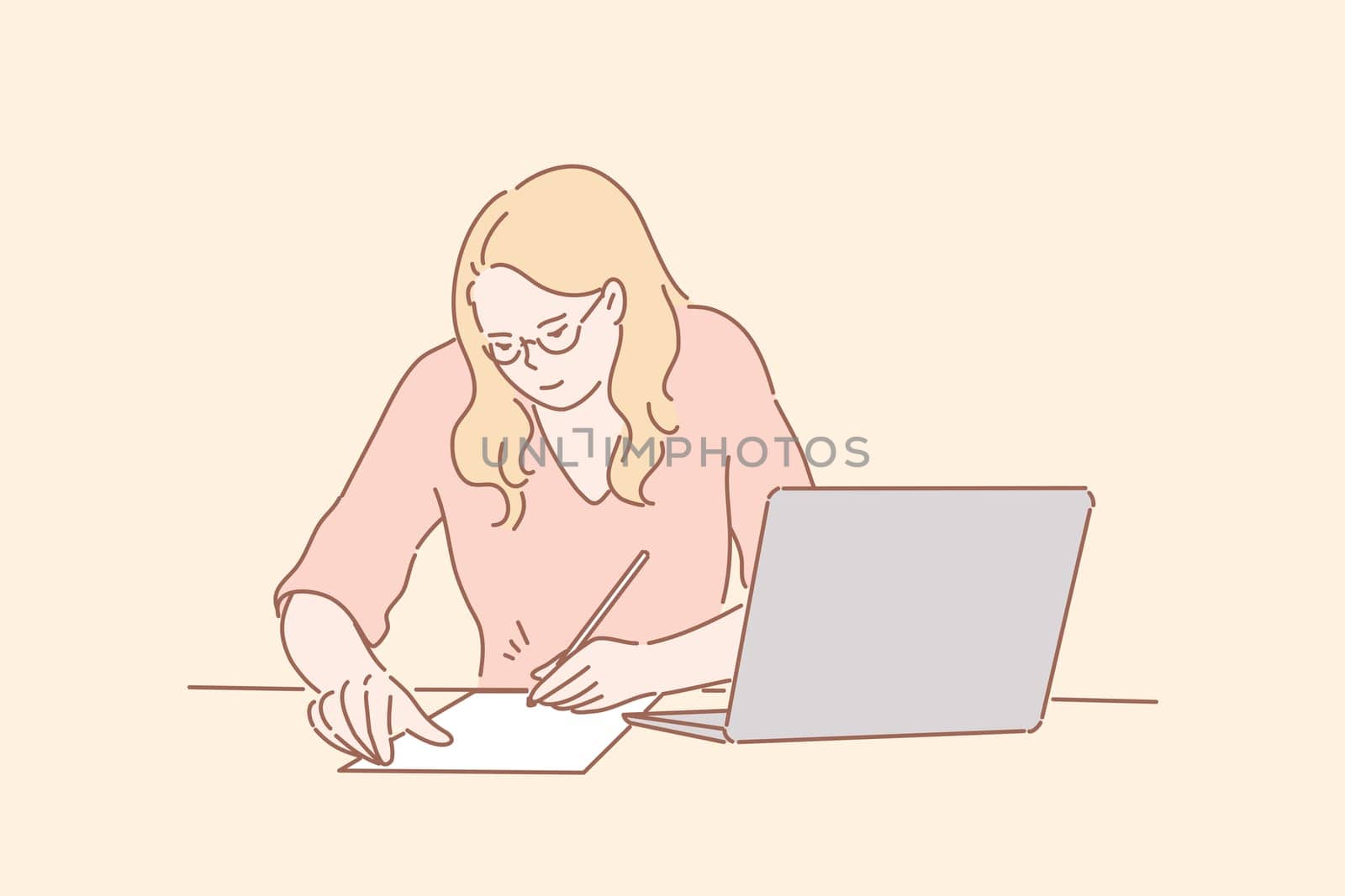 Office worker signing contract, business concept. Young businesswoman office secretary, clerk or manager, freelancer employee writing, signing contract, fills questionnaire or application form profile