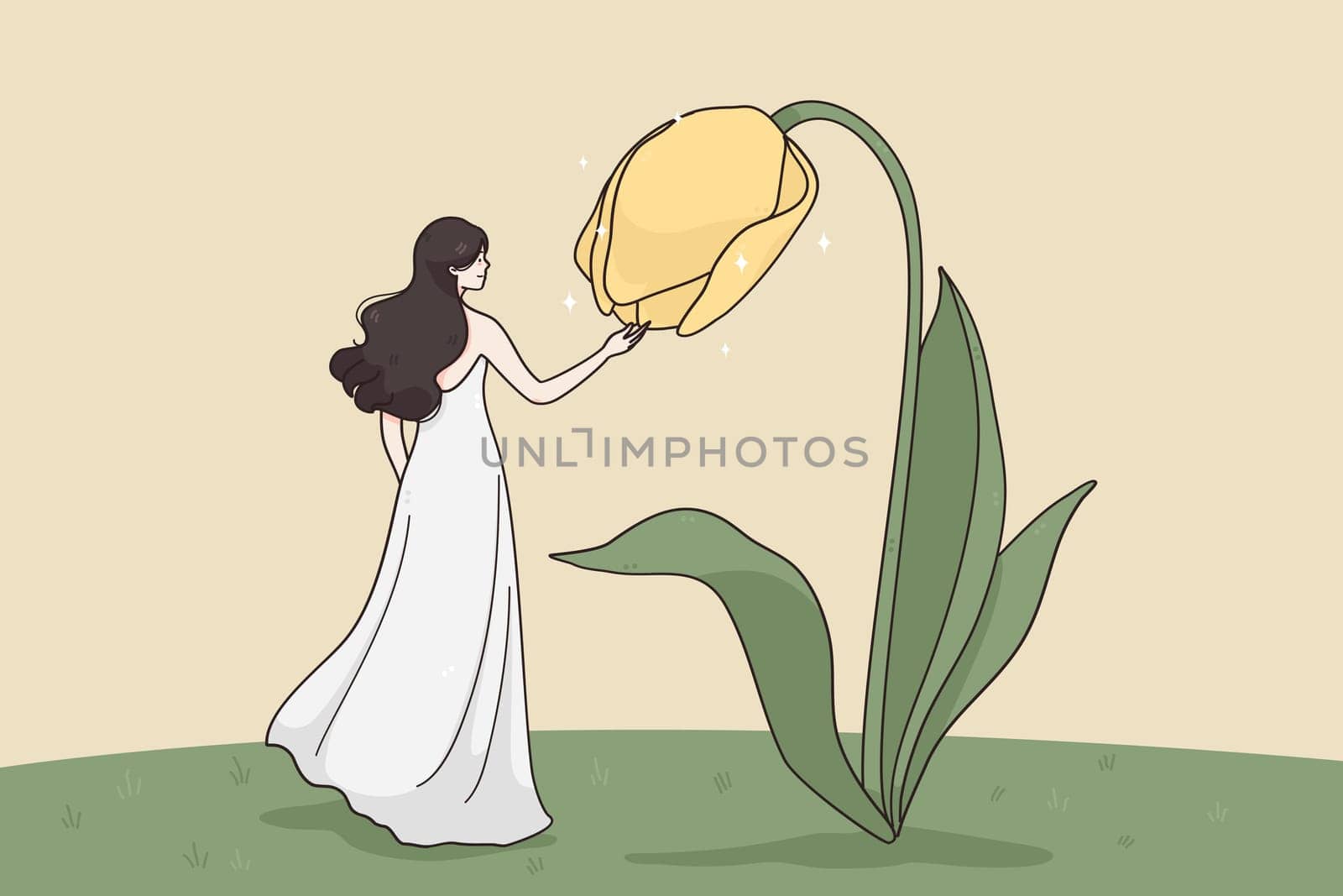 Nature, beauty, tenderness concept. Surreal encounter of young pretty woman on long dress cartoon character standing and touching giant yellow blooming flower in garden vector illustration