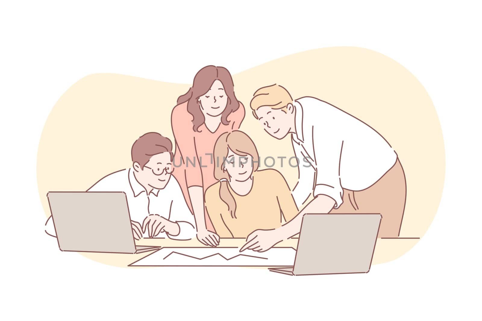 Meeting, coworking, teamwork, analysis, business concept. Team of business people businessmen women partners collaborate together. Office meeting. Coworking, analysis, planning strategy.