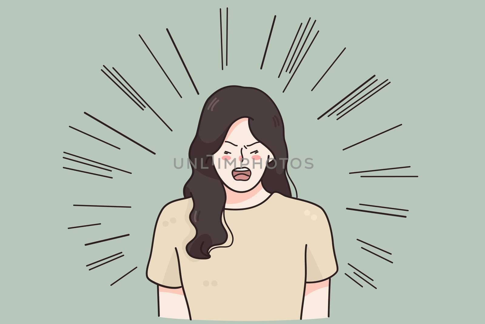 Aggression, hate, rage concept. Screaming emotional angry woman cartoon character standing and shouting with negative emotions over green background vector illustration