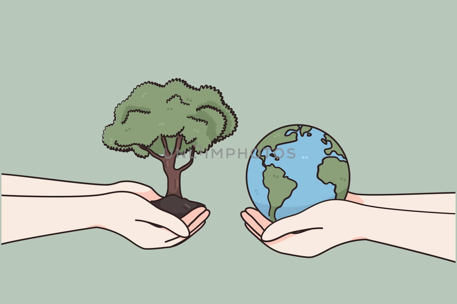 International day of charity and donation concept. Two human hands carefully holding green tree with ground and earth globe over green environment background vector illustration