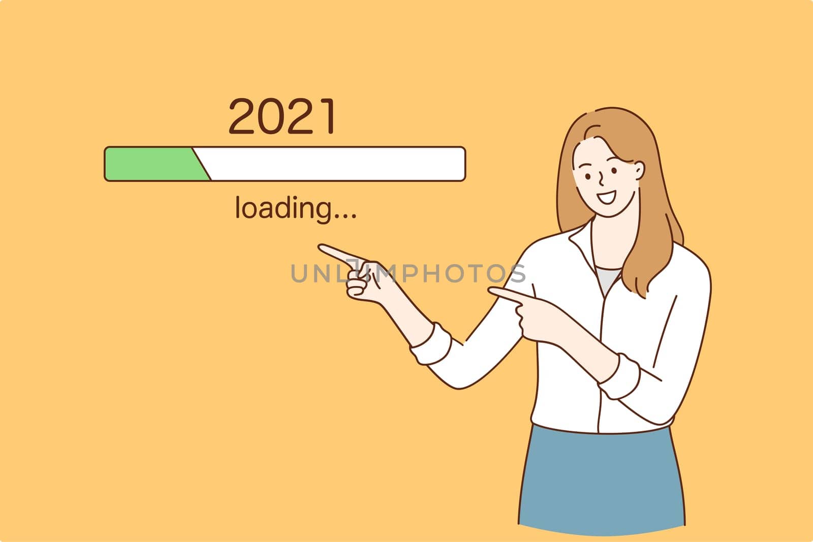 Anticipation, Waiting for better 2021 New year concept. Joyful young pretty woman pointing with finger at 2021 downloading process over yellow background awaiting for better news vector illustration