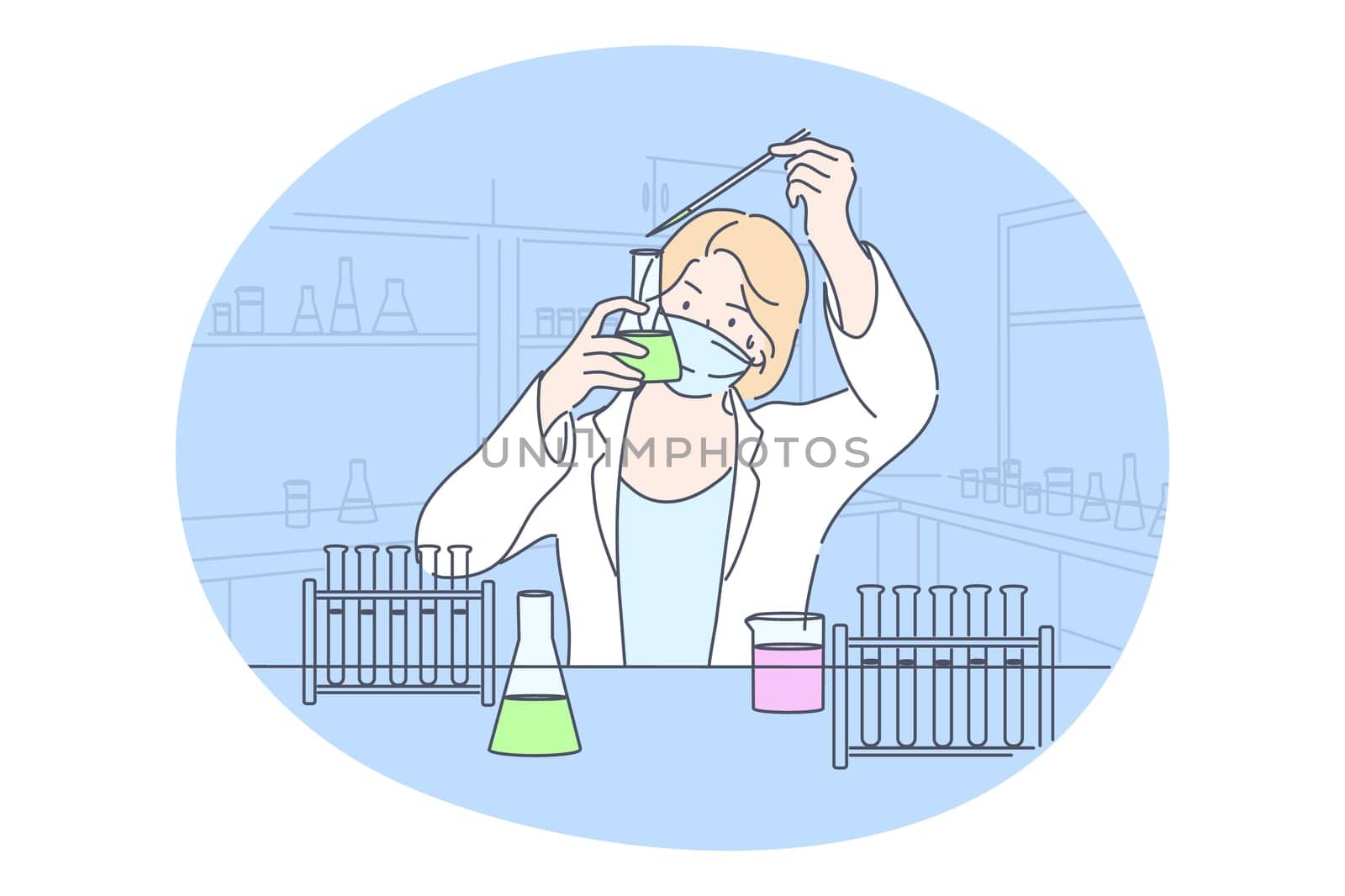 Science, chemistry, coronavirus, experiment concept. Young happy woman scholar medical lab worker makes chemical reaction in laboratory. Scientific test academic research or vaccine covid19 creation.