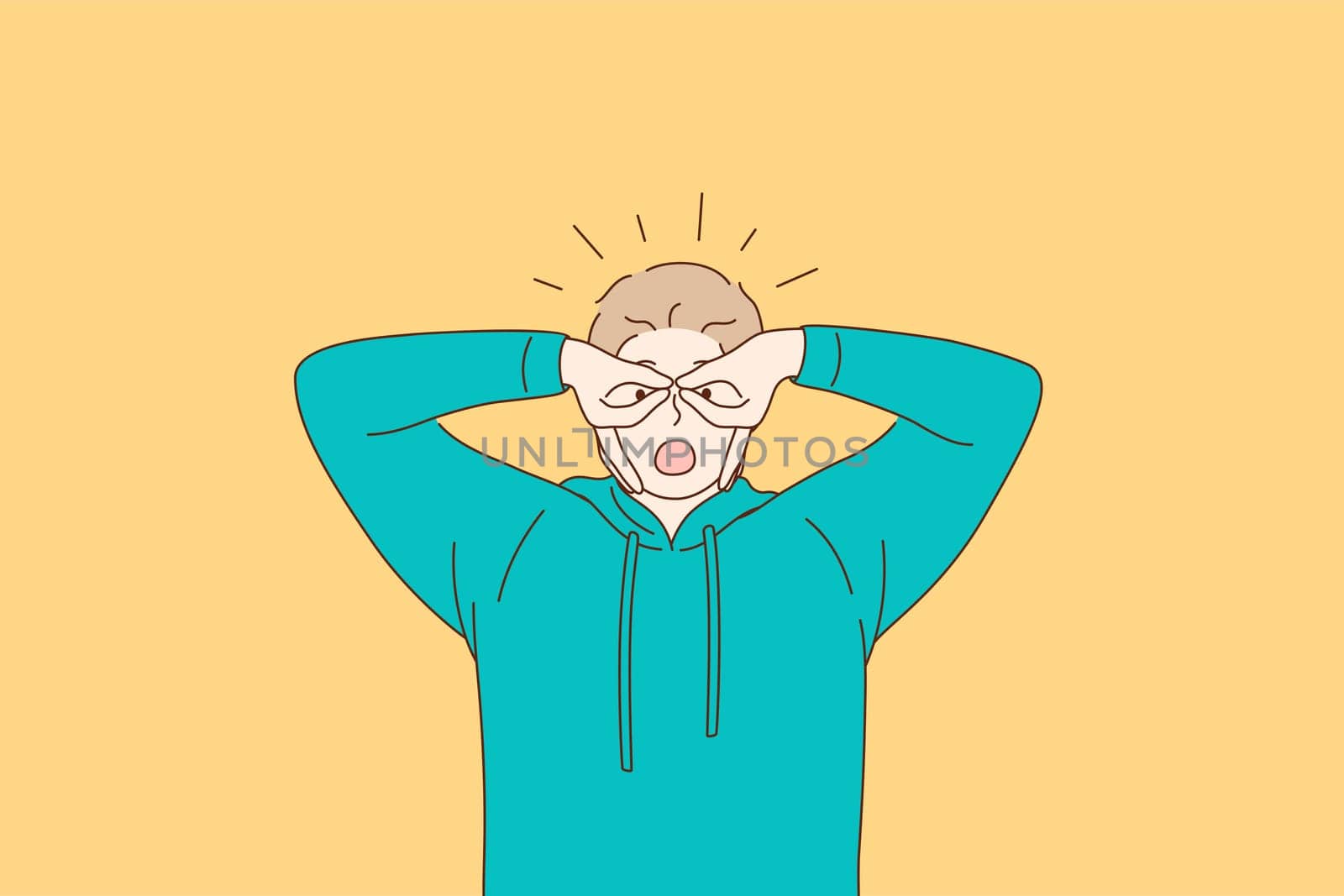 Losing mind, facial expression, weird behaviour concept. Young man in green hoodie feeling crazy covering eyes with fingers as glasses over yellow background vector illustration