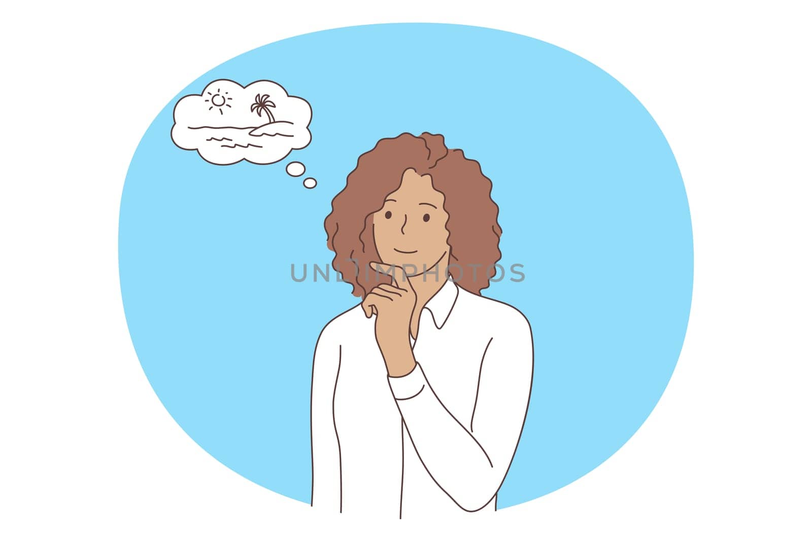 Office worker, dreaming of traveling concept. Young smiling woman office worker cartoon character in white shirt standing and dreaming about traveling to paradise island and have rest near sea