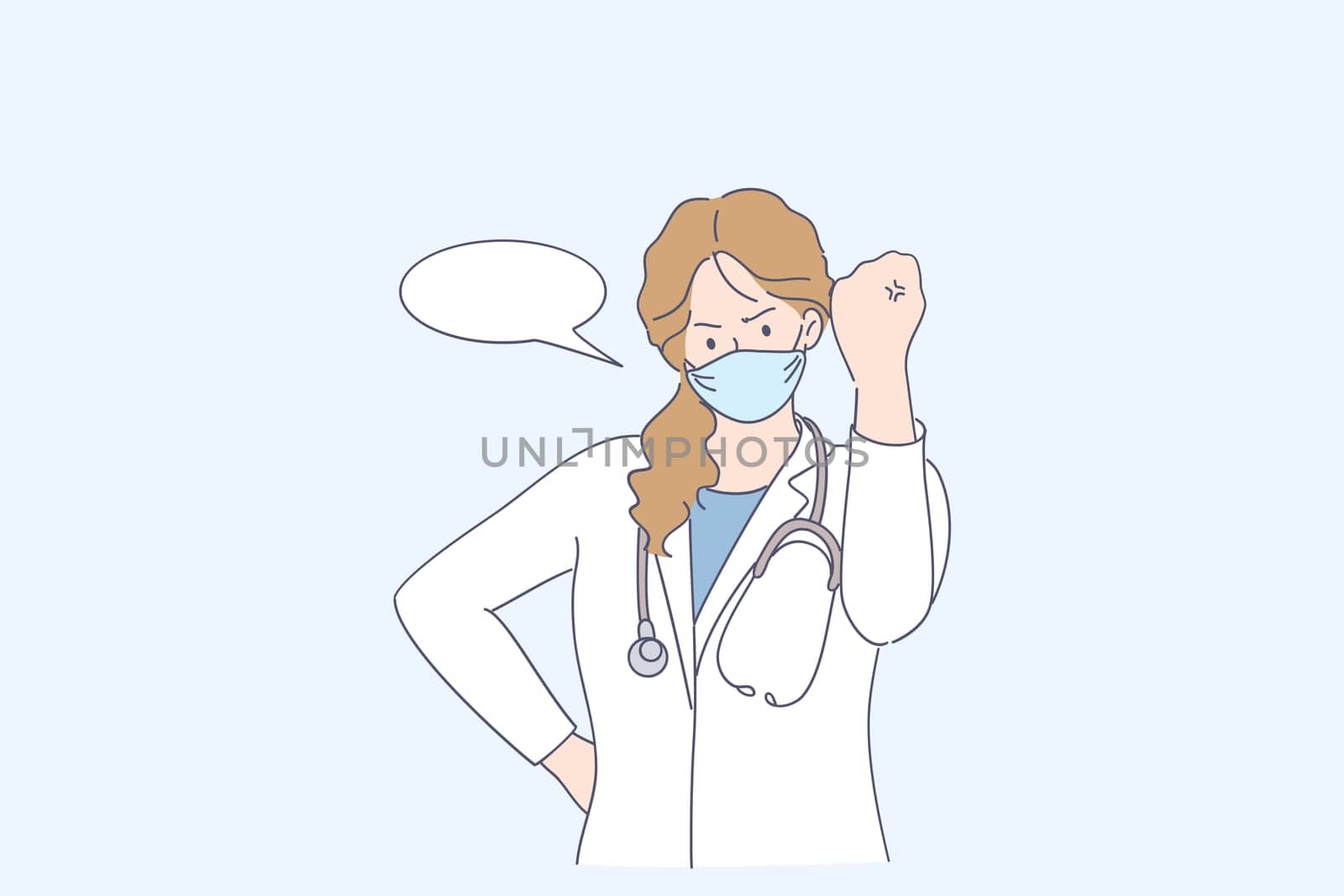 Aggression and rage concept. Young angry doctor in uniform and medical protective mask feeling mad frustrated furious and raising fist with anger vector illustration