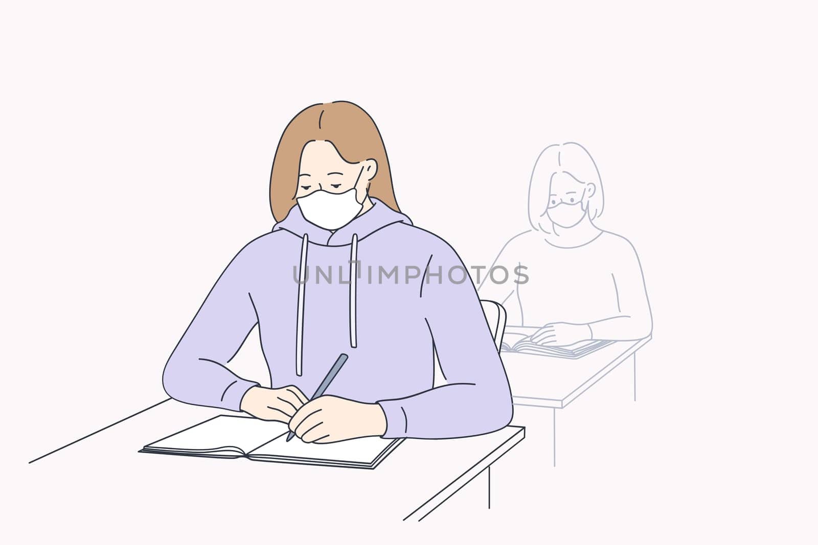 Education and learning during coronavirus pandemic concept. High school student girl wearing protective mask taking notes at lesson during Covid-19 pandemic vector illustration
