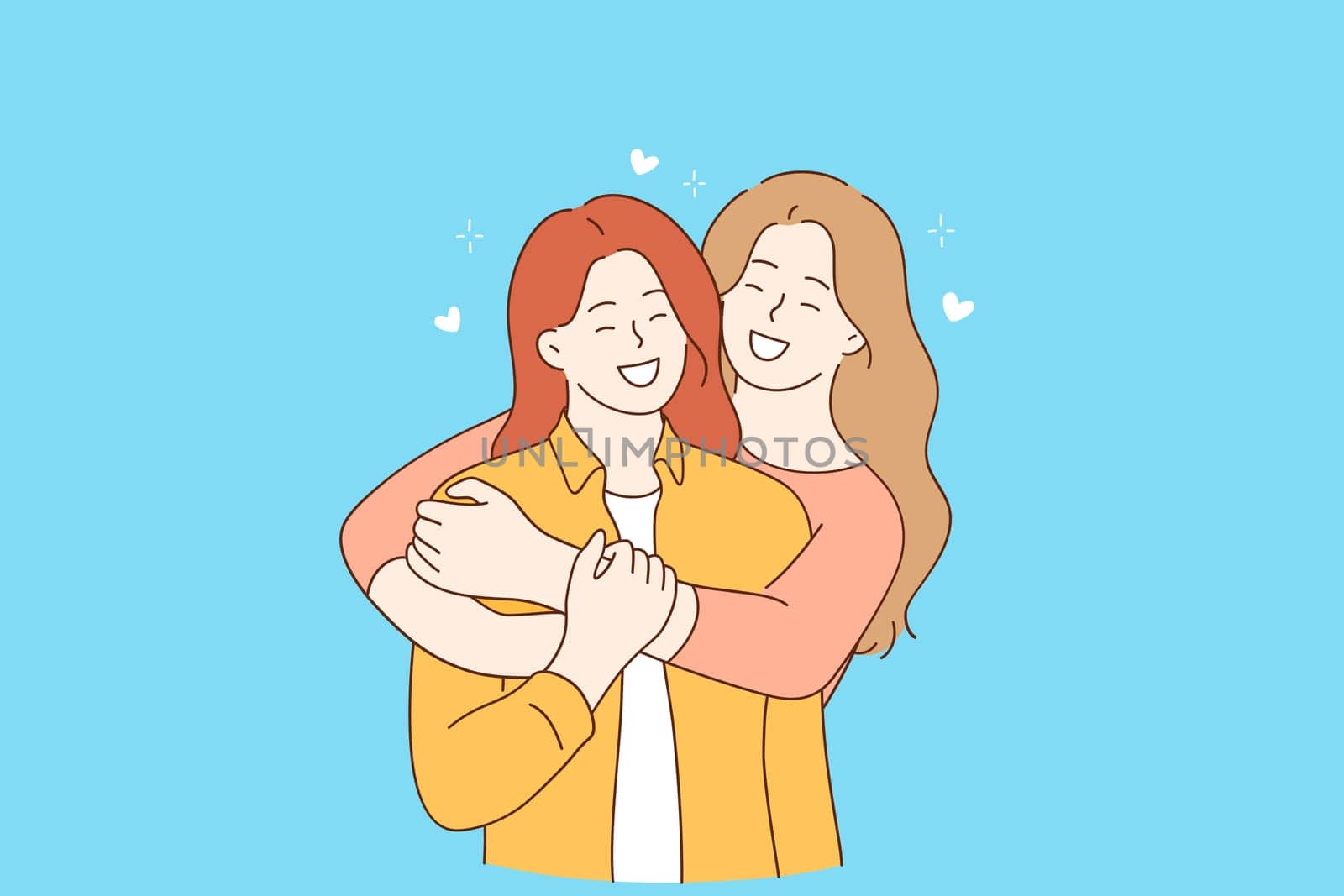 Friendship, girls happiness and hugs concept. Two Cheerful smiling young girls cartoon characters in casual clothing standing and embracing each other vector illustration