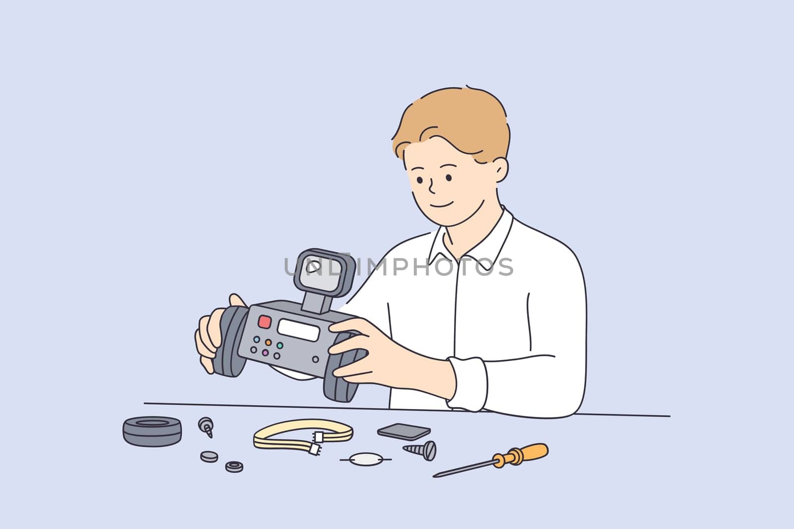 Robotics technology intelligence learning concept. Smiling child boy building robot copyspace constructor engineering playing childhood kids hobby leisure vector illustration
