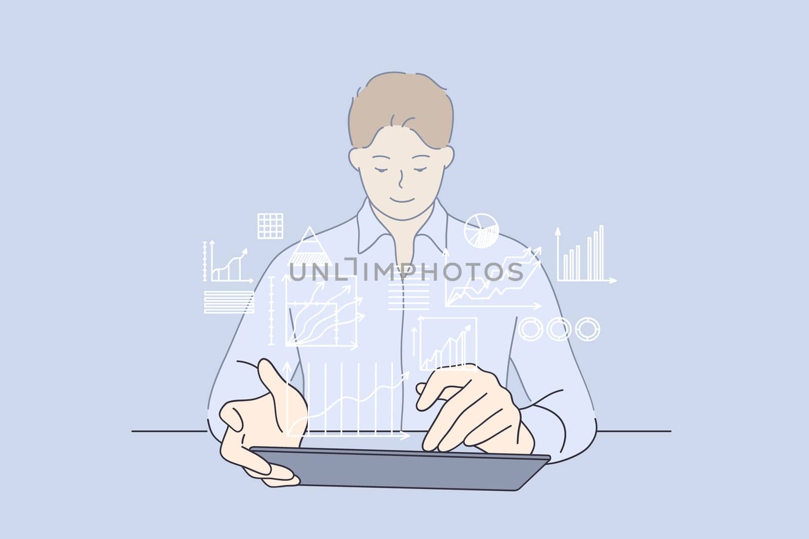 Development strategy, working, business analyse concept. Young smiling businessman cartoon character sitting working on laptop computer with digital layer business strategy and social media diagram