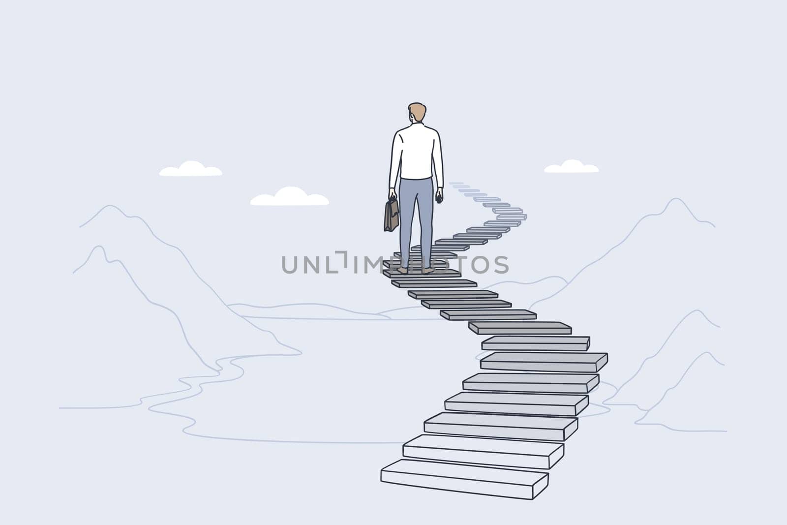 Success, leadership, achieving goal concept. Back of businessman standing on ladder forward and looking ahead for new possibilities and development vector illustration