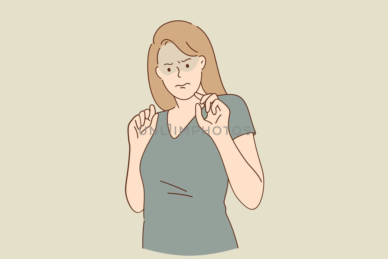 Nervous state of mind and frustration concept. Annoyed young woman cartoon character standing feeling irritated and showing fingers vector illustration