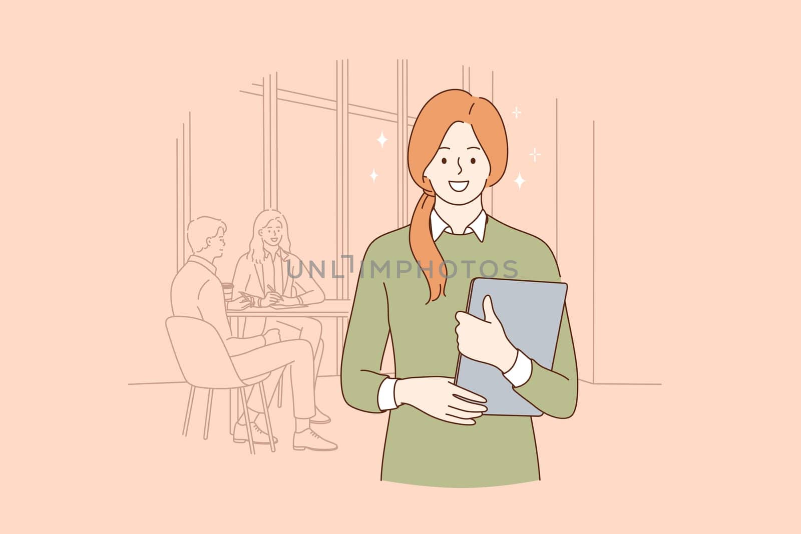 Successful office worker businesswoman concept. Portrait of smiling young business woman worker standing with laptop over colleagues at background looking at camera illustration