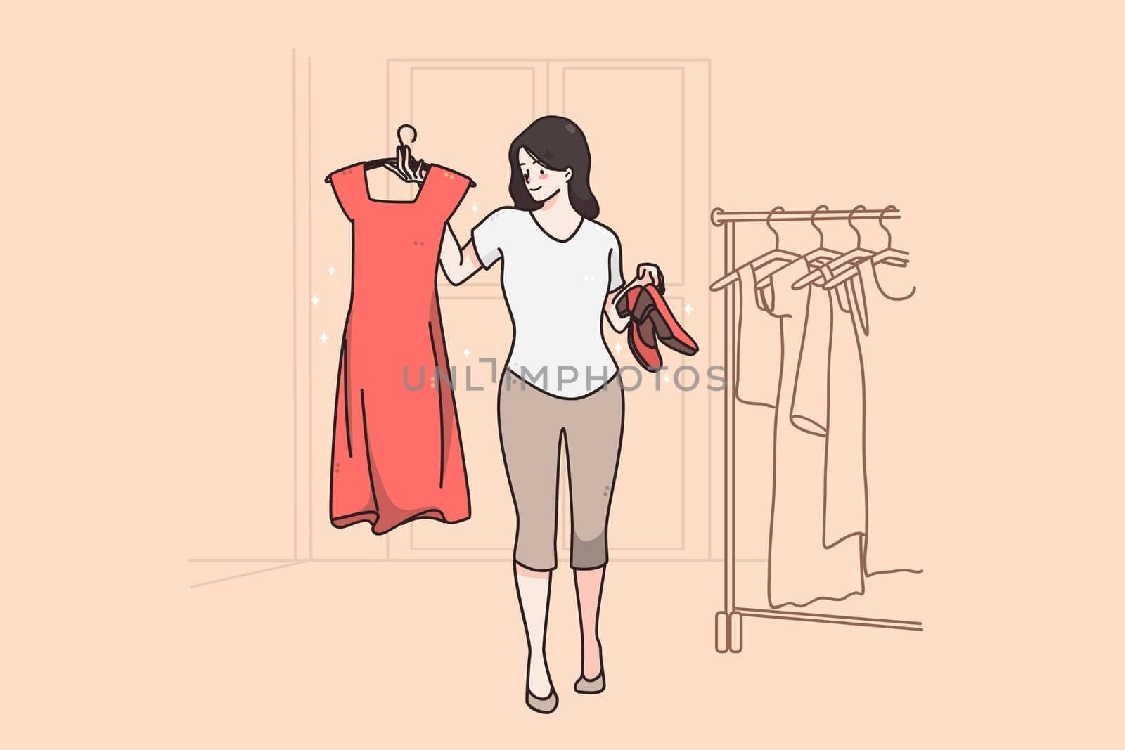Hard choice and fitting room concept. Stylish young woman cartoon character smiling holding red dress and shoes posing in dressing room vector illustration