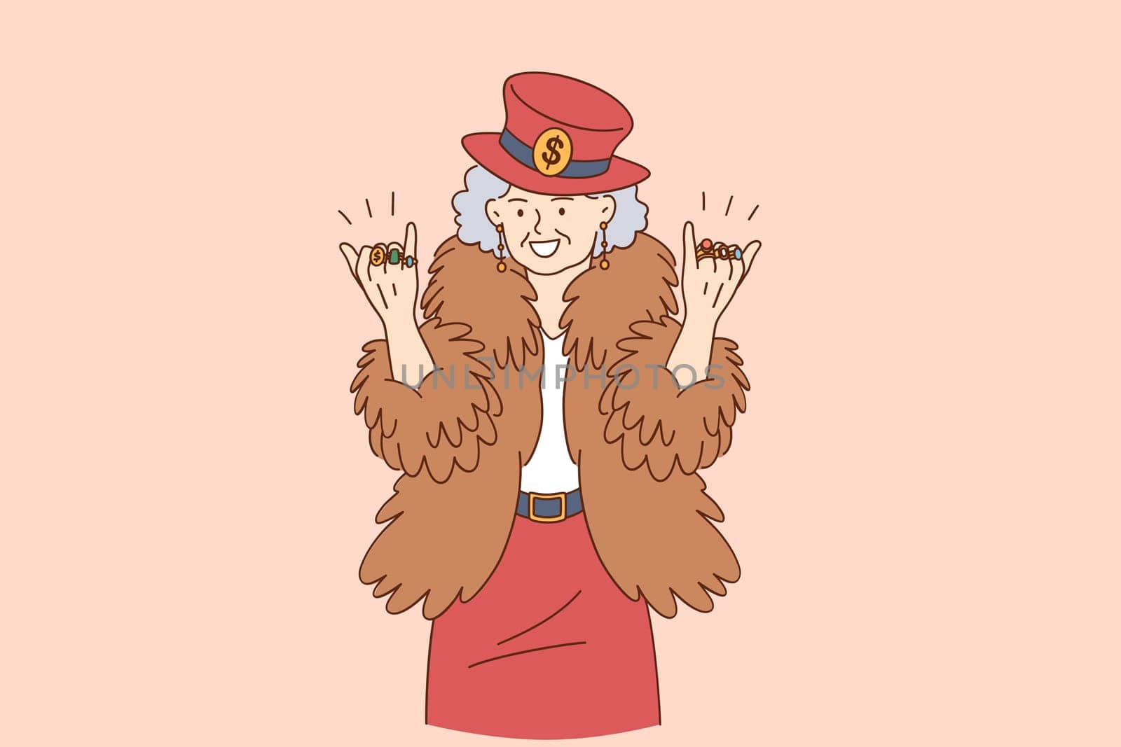 Stylish funny elderly people concept. Happy Grandmother in hipster coat hat with rings on fingers cartoon character standing feeling cool and positive lifestyle vector illustration