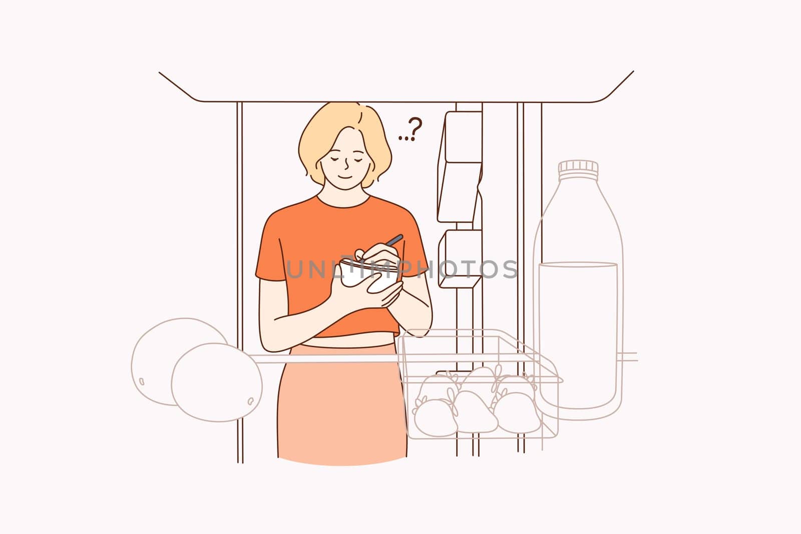 Forming shopping list for supermarket concept. Young smiling woman standing checking refrigerator and making shopping list before going to grocery store vector illustration