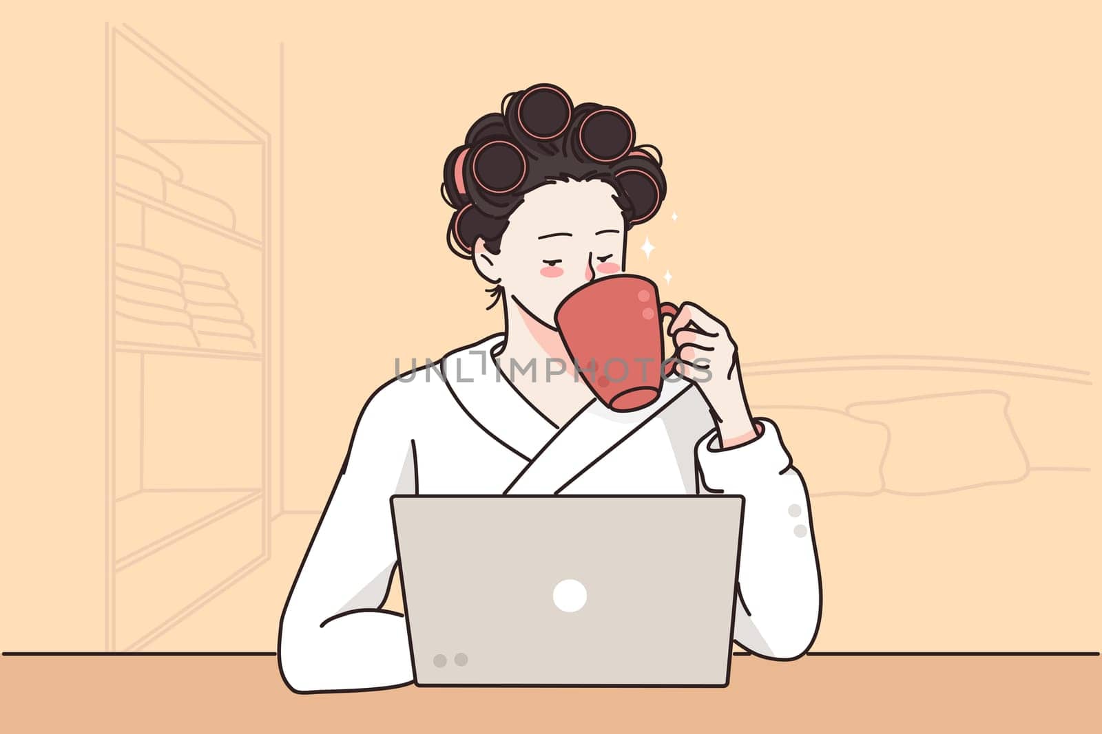 Remote distant work and freelance concept. Young woman in curlers sitting near laptop and home and drinking coffee in comfortable room vector illustration