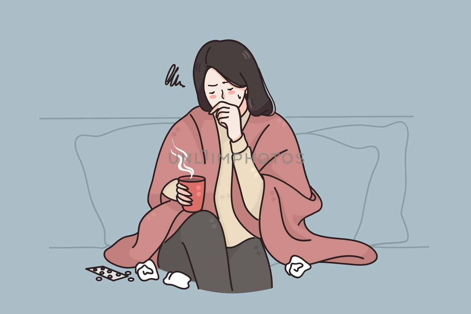 Cold ,flu, Severe Cough concept. Young sick unhappy woman cartoon character sitting on sofa ay home with cup of hot drink coughing and feeling sick vector illustration