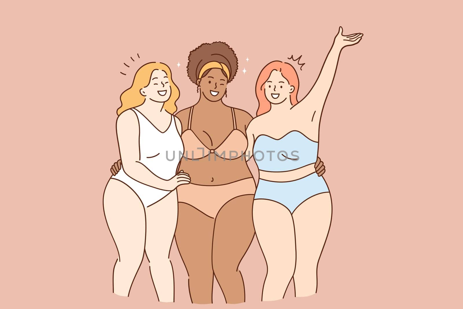 Body acceptance, body positivity and diversity concept. Group of 3 smiling happy oversize women posing in bikini and feeling confident and positive vector illustration