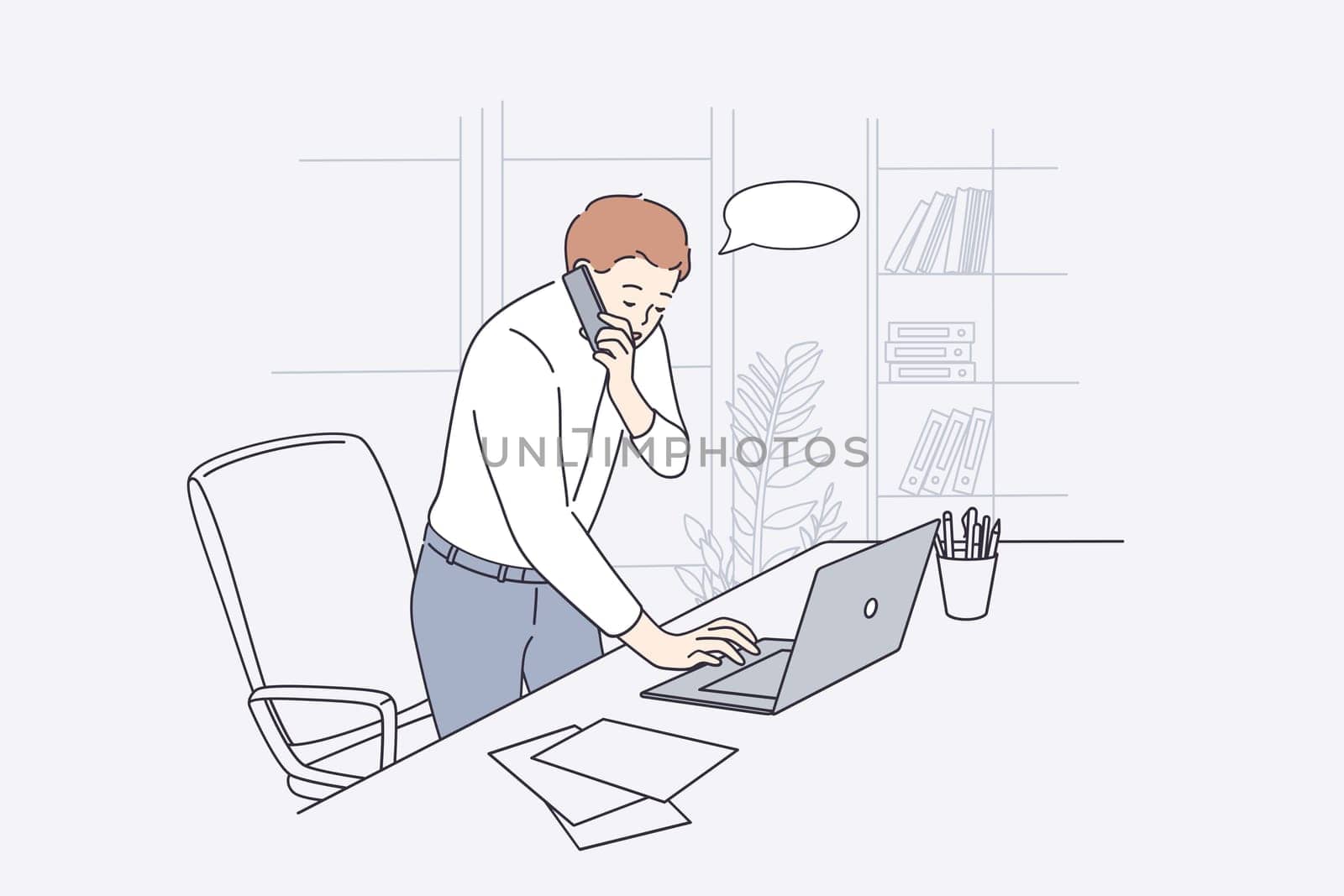 Working in office, communication concept. Young businessman office worker cartoon character standing talking on phone while typing on laptop vector illustration
