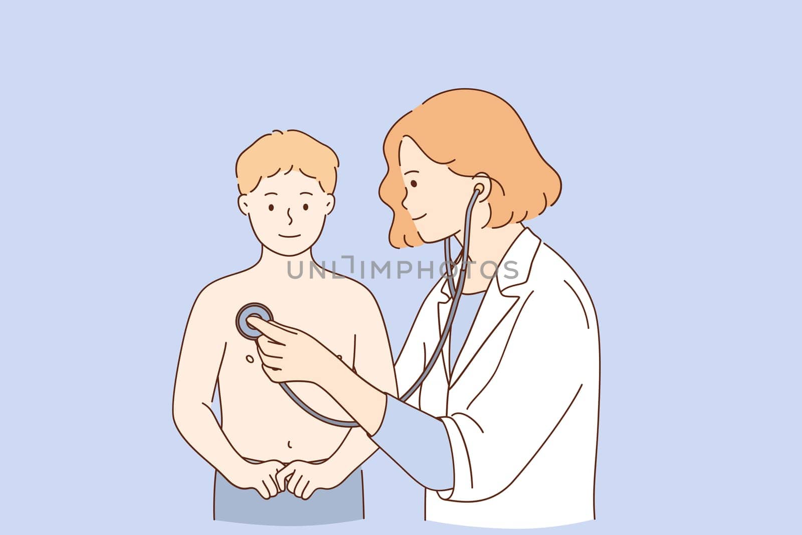 Pediatrician during work concept. Young positive woman pediatrician doctor examining small boy patient with stethoscope during visit vector illustration