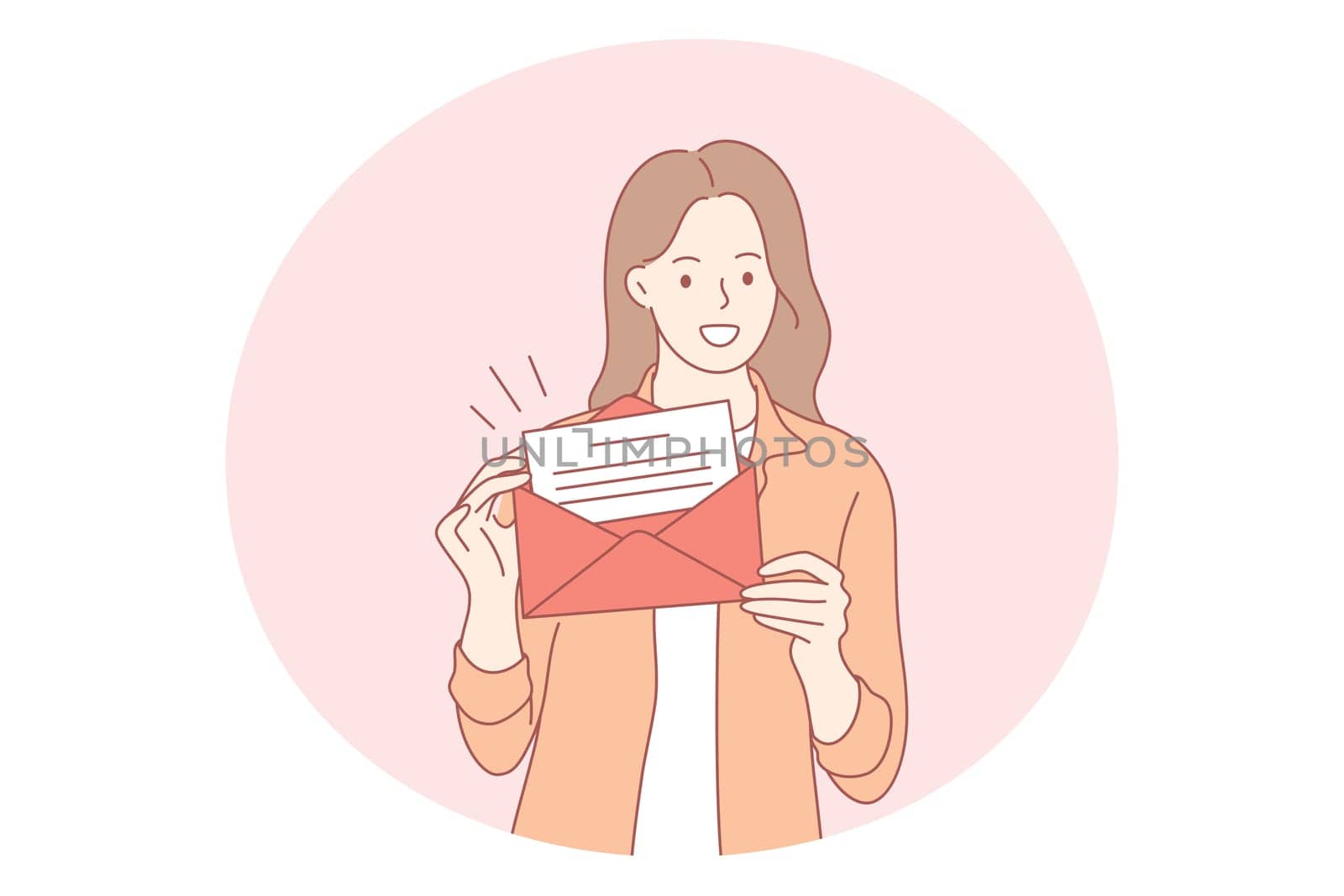 Letter, postcard, invitation concept. Young happy woman cartoon character standing holding open envelope with letter invitation or personal sale for holiday letter vector illustration