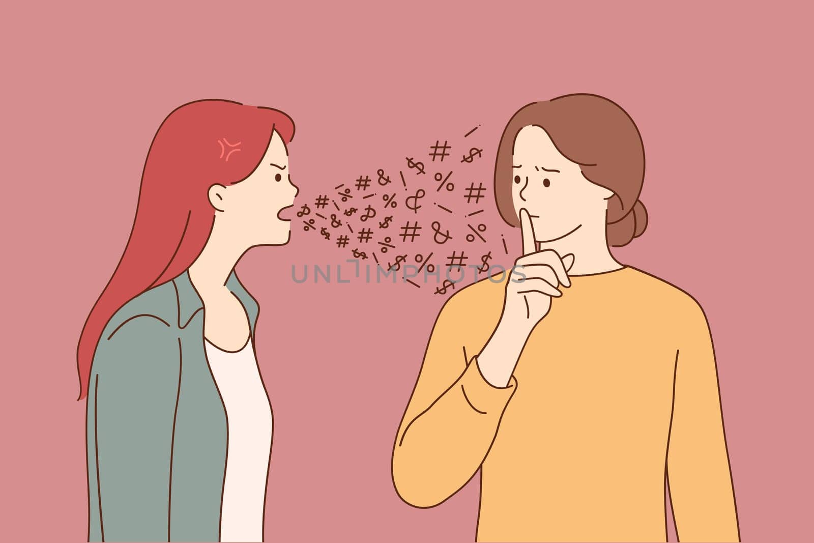 Mental problems, disorder, split personality concept. Angry young woman cartoon character screaming at another her personality with finger on lips gesture meaning silence with negative emotion