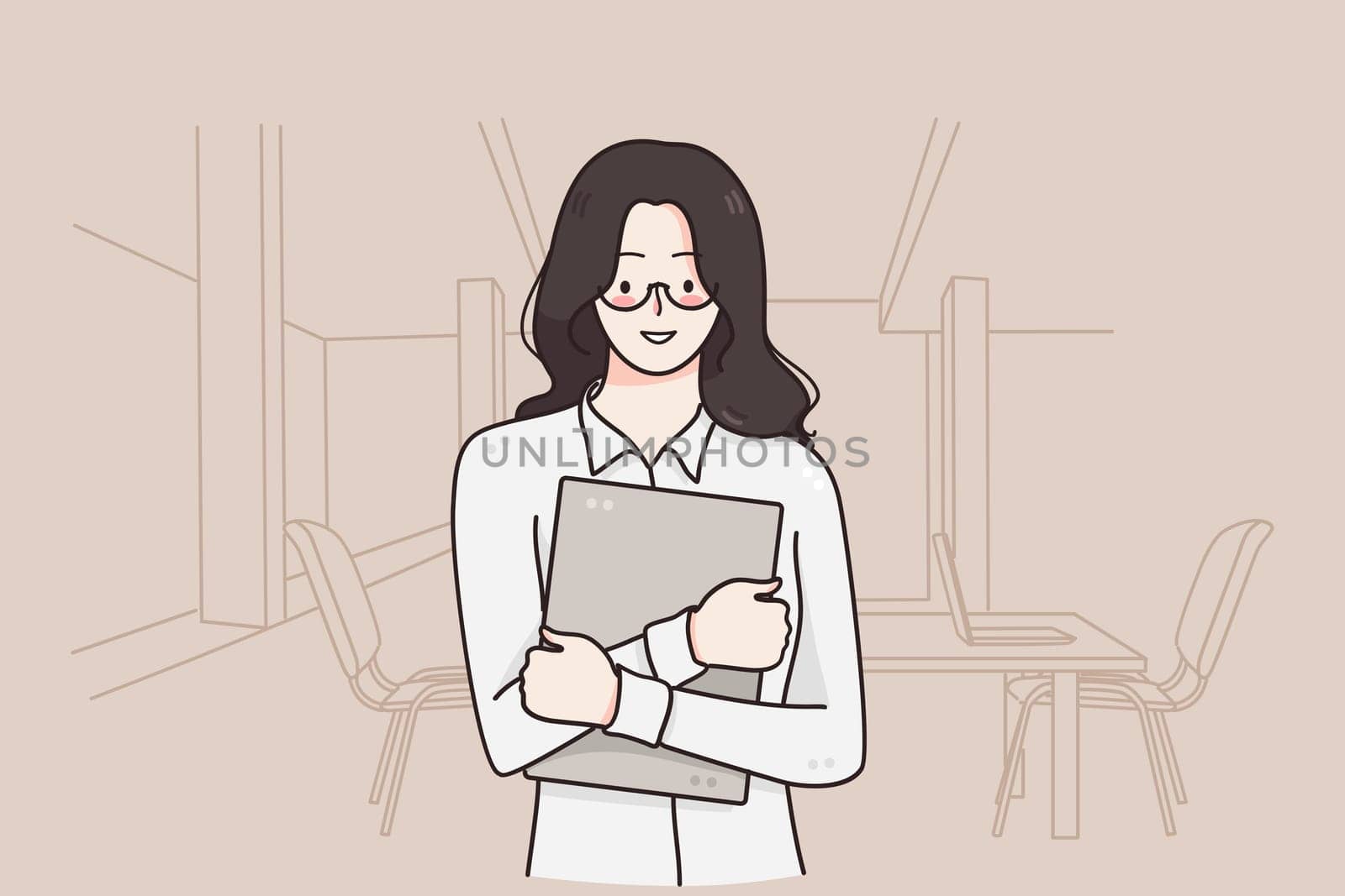 Office worker, businesswoman, career concept. Young smiling pretty woman cartoon character standing holding laptop in hands over office meeting room at background illustration