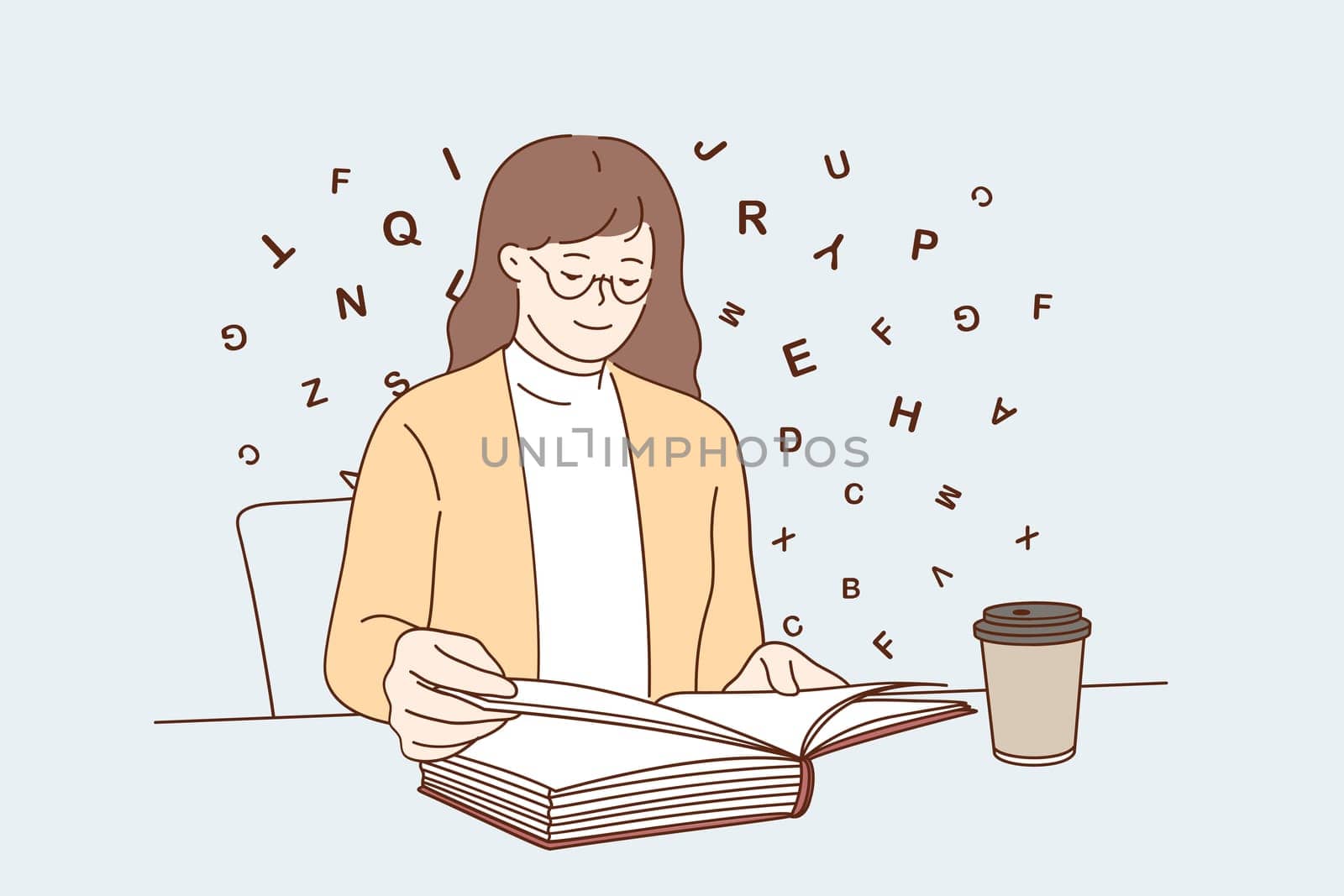 Entertainment relaxation with coffee concept. Young positive woman cartoon character sitting reading book while drinking coffee at table vector illustration