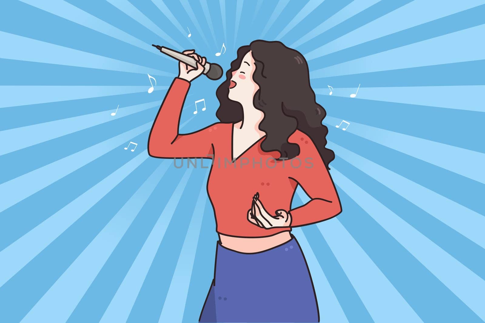 Woman singer and karaoke concept. Young positive brunette woman cartoon character singer standing and singing song in microphone over blue background vector illustration