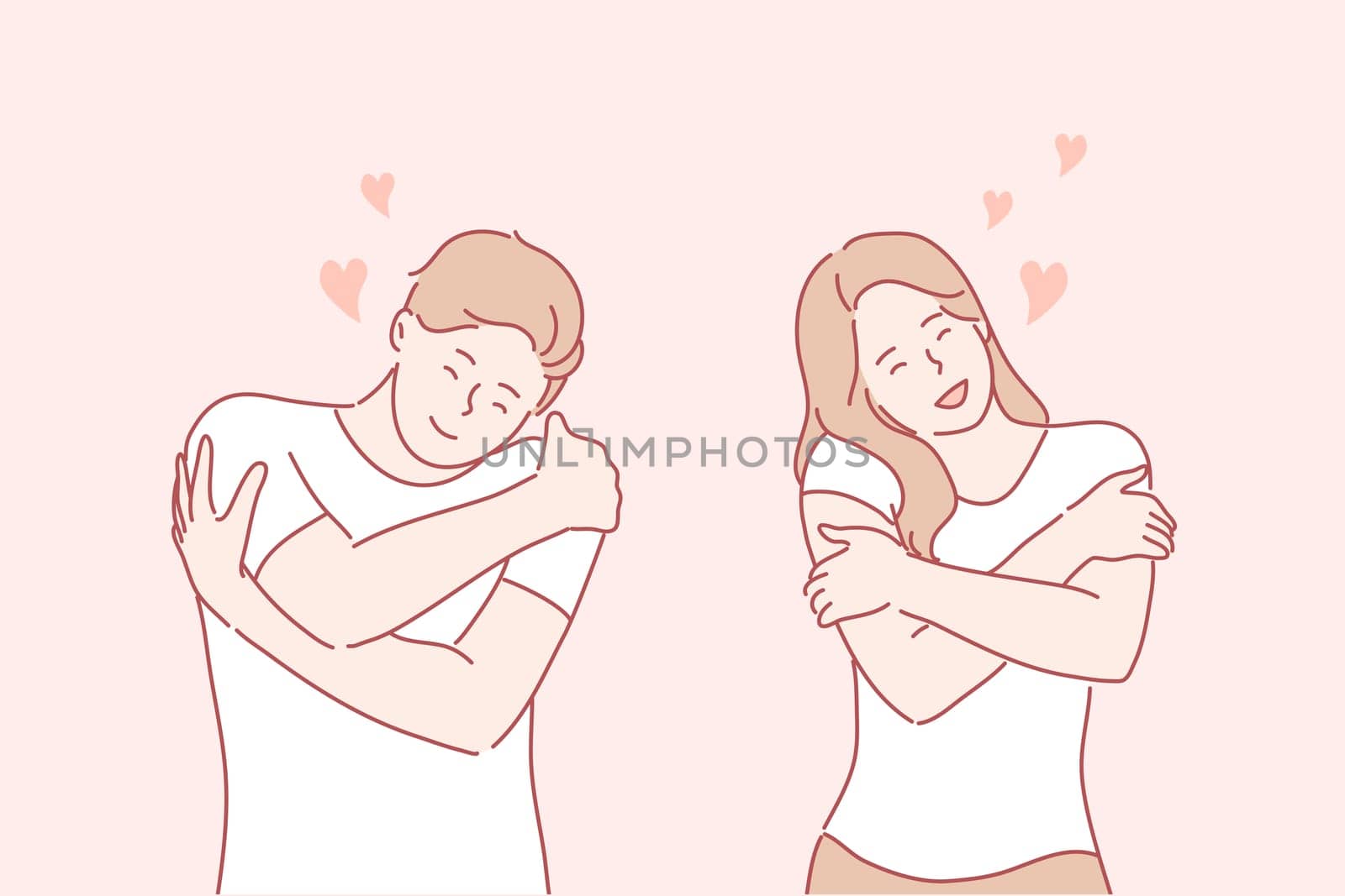 Care, embrace, couple concept. Young happy loving happy man woman boy girl teenagers cartoon character hugging themselves on shoulders. Self caring love or body positive flat vector illustration.