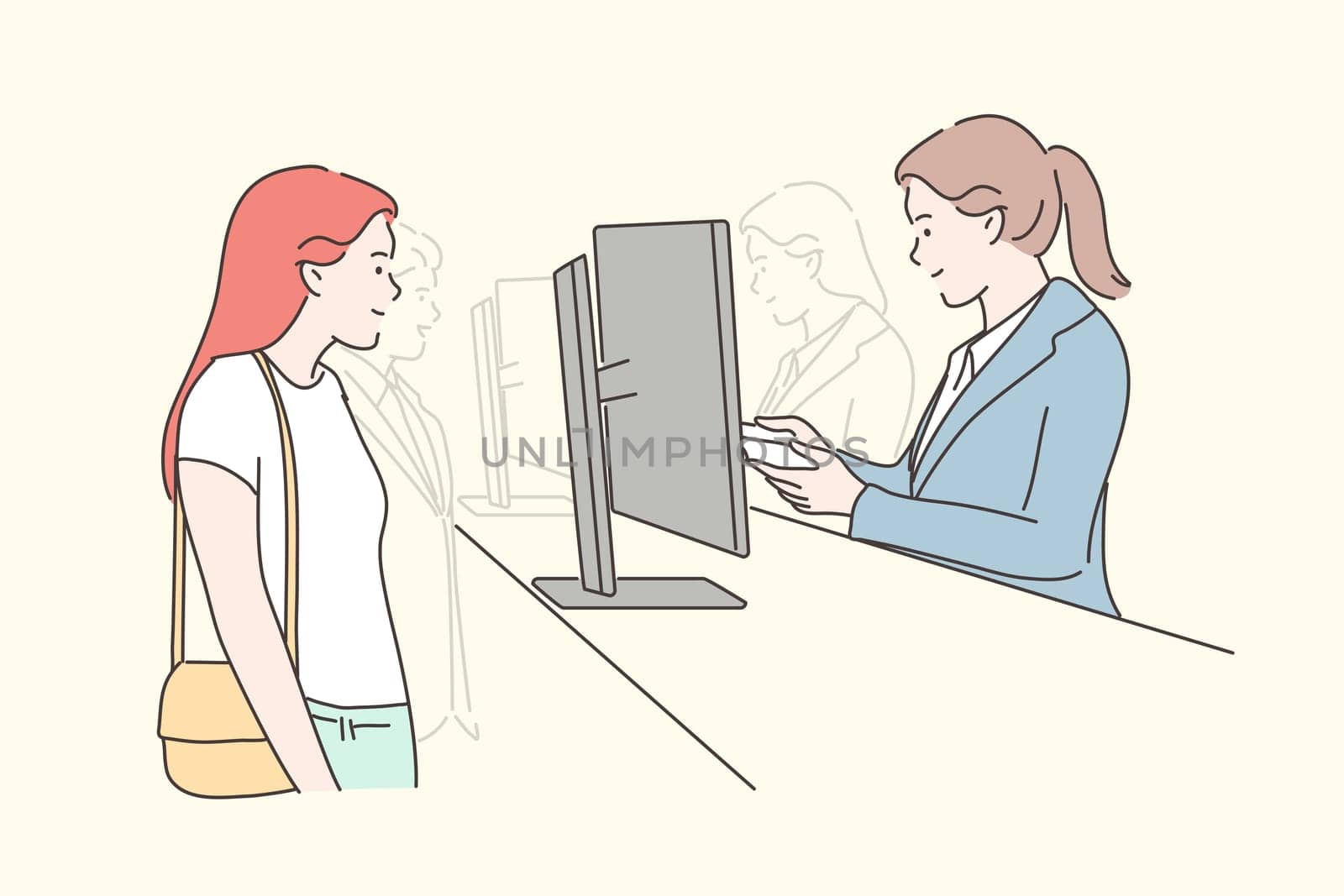 Check, registration concept. Young woman passenger cartoon character standing on passport control desk. Airport security department staff member checking arrival identification documents illustration.