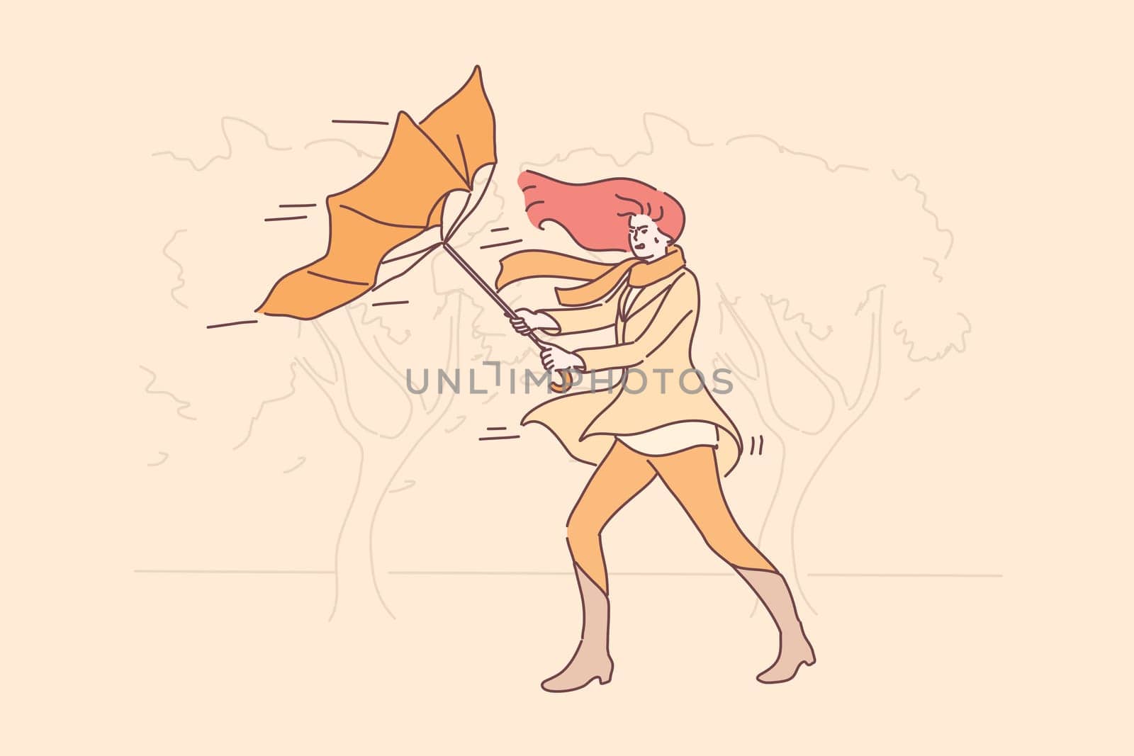 Storm, nature concept. Young unhappy angry woman girl cartoon character holding blowing umbrella on street. Autumn windy bad stormy weather with rain and gusting wind flat vector illustration.