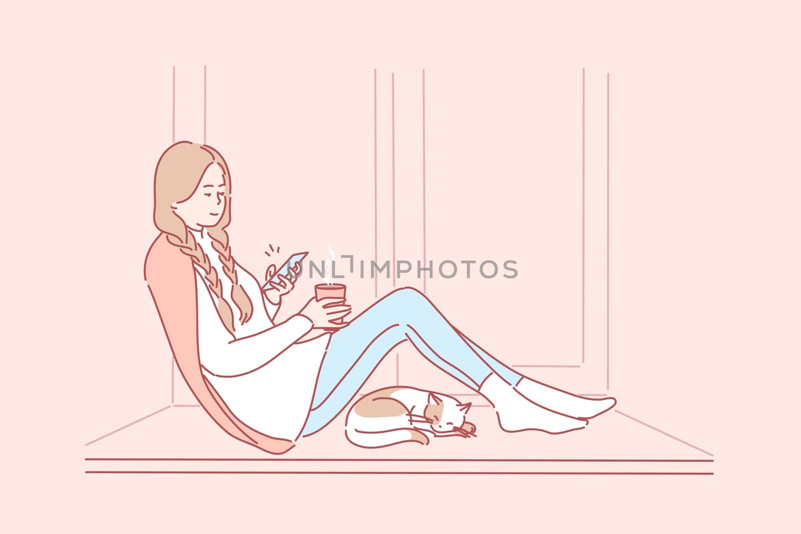 Quarantine, recreation, communication, media, coronavirus concept. Young smiling woman girl sitting on windowsill with pet cat drinking tea coffee chatting in social network. Spending time on lockdown
