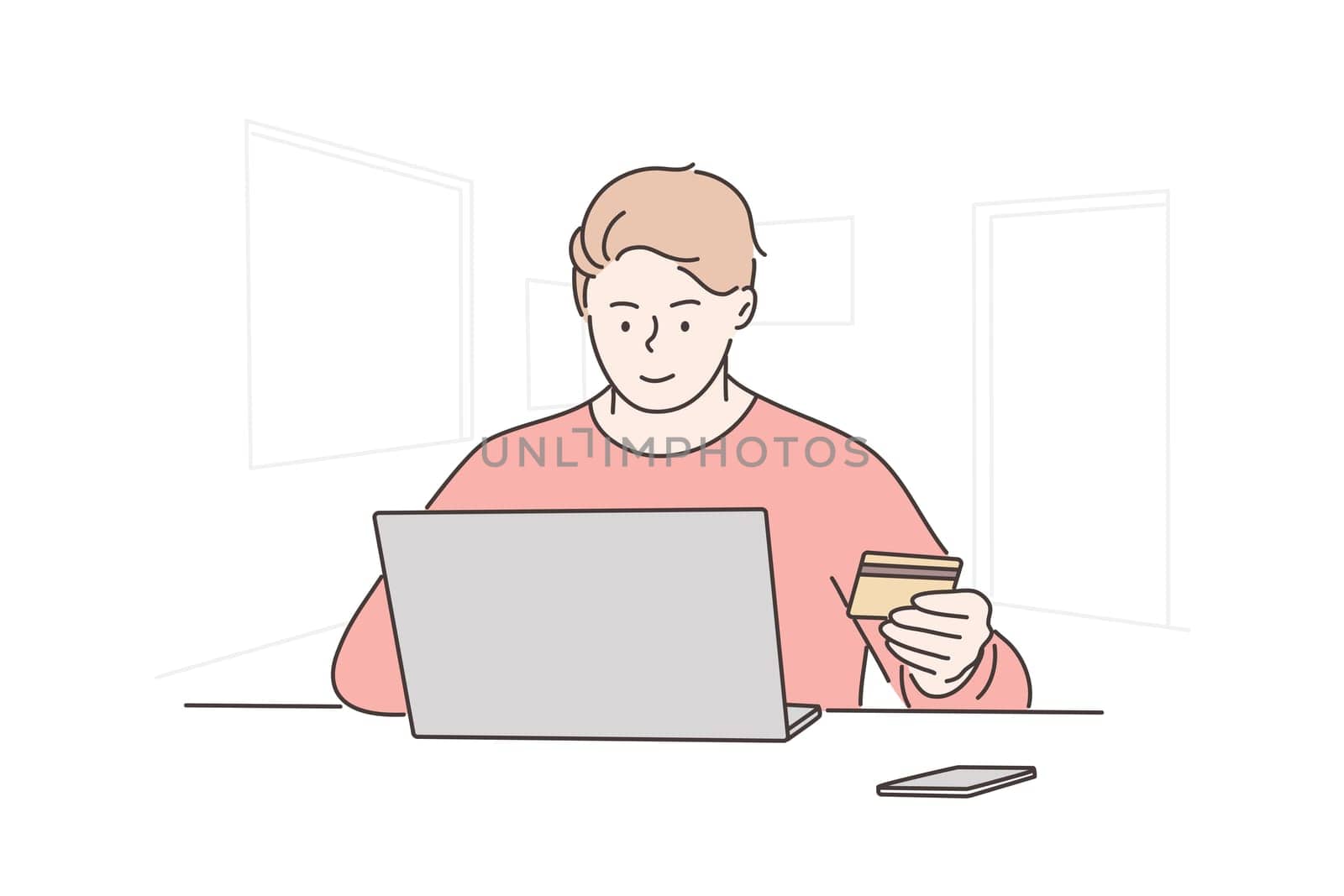 Online, shopping, technology, business concept. Young happy man boy freelancer cartoon character sitting with laptop and holding plastic deposit card. Remote tax payment on lockdown illustration.
