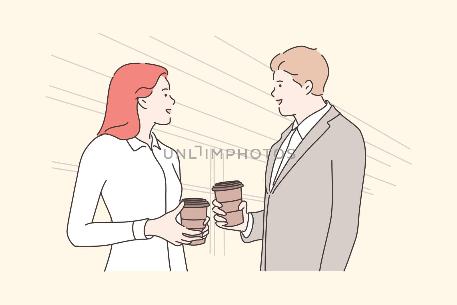 Business, break, communication, friendship concept. Young businessman and woman friends colleagues talking drinking coffee or tea hot beverage at office together. Recreation leisure at lunch time.