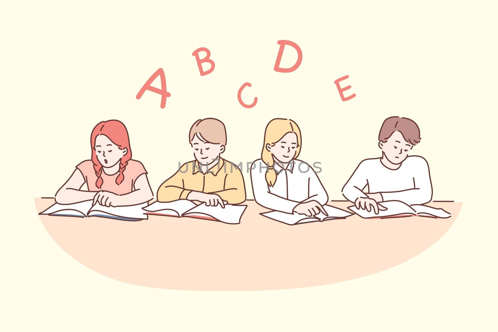 Education, reading, childhood concept. Group of cartoon characters children boys girls pupils kids preschoolers sitting together teaching grammar and letters with books. Back to school and knowledge.