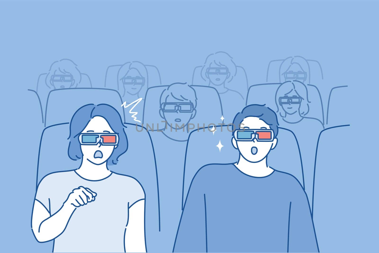 People, movie concept Young couple in love man woman boyfriend girlfriend characters sitting in cinema or theater watching eating popcorn and soda with 3d glasses. Recreation entertainment at weekend.