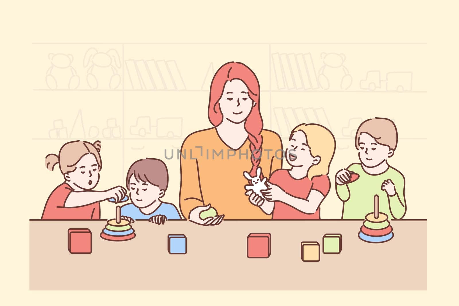 Education, teaching, game, study concept. Young smiling woman teacher cartoon character playing cubes with boys girls children kids preschoolers in kindergarten. Back to school studying process.