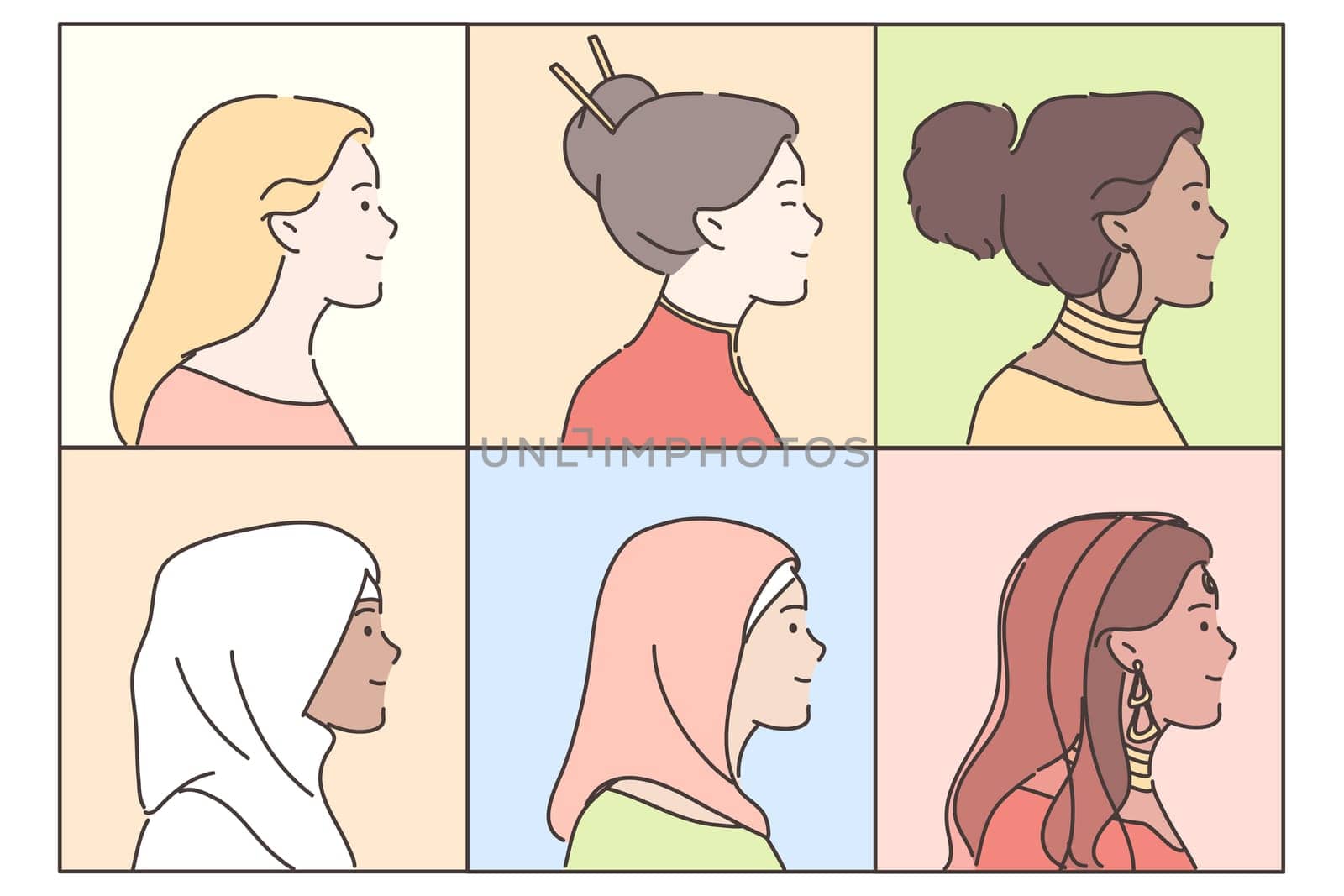 Women, portrait, multiethnicity set concept. Images multiracial asian african american muslim arab girls cartoon characters different nationalities for social media. Profile of international people.