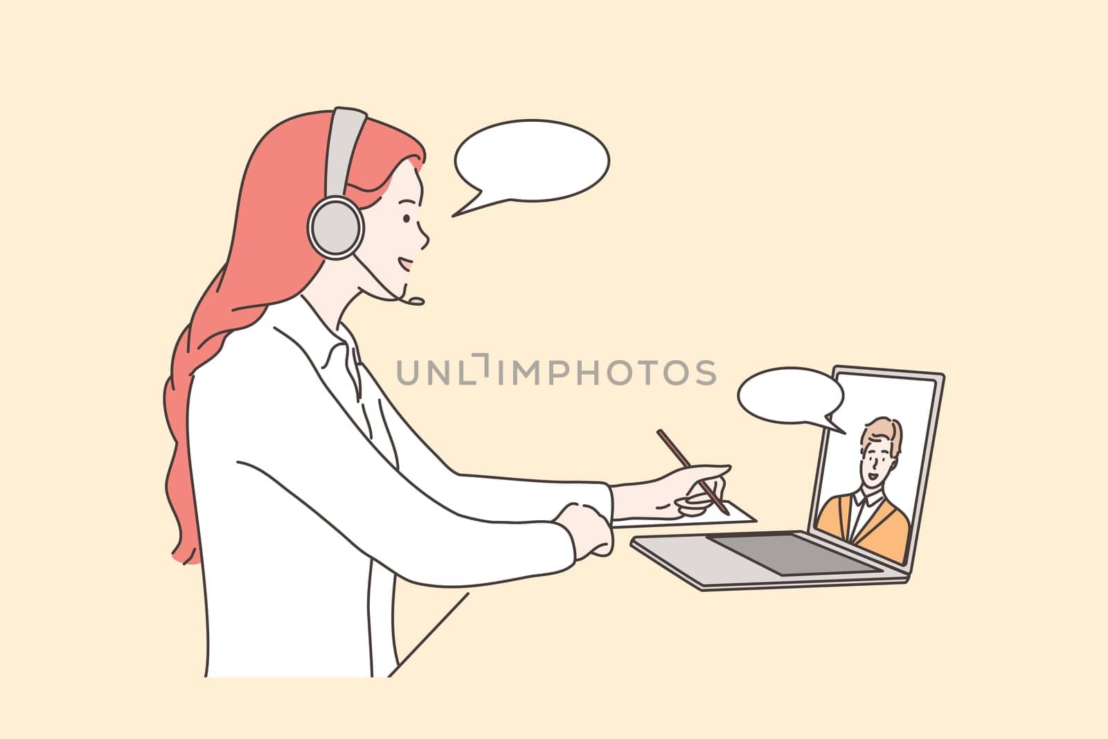 Call center, help, business communication concept. Young woman girl consultant manager operator with headset supporting man consumer client online with laptop. Online customer service support 24 hours