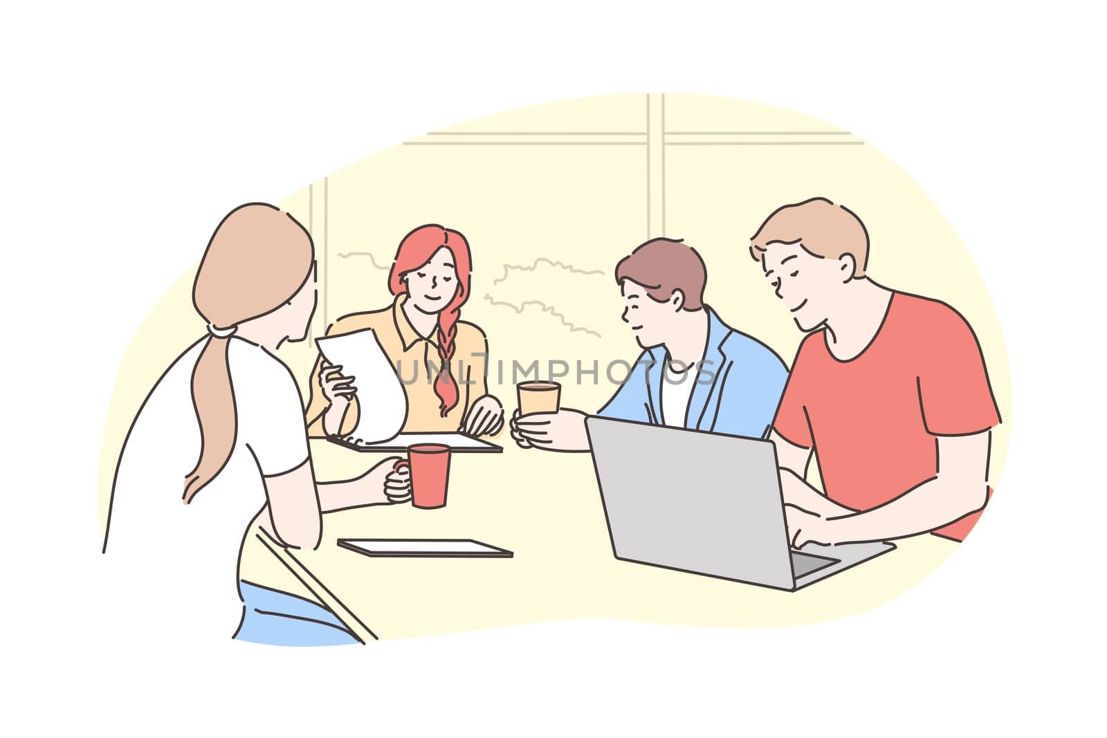 Teamwork, analysis, business, meeting, communication discussion, negotiation concept. Team of businessmen women managers coworkers negotiating sitting in office. Collective thinking and brainstorming.