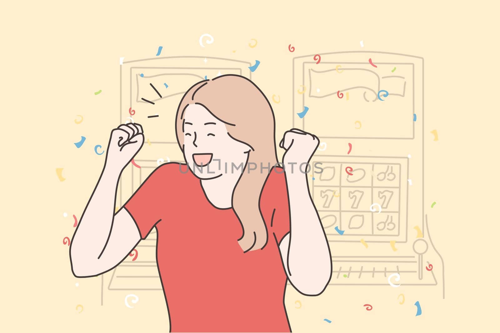 Success, game, victory, gambling concept. Happy cheerful excited young woman girl winner character gambler enjoying jackpot prize in casino slot machine. Goal achievement lucky winning illustration.