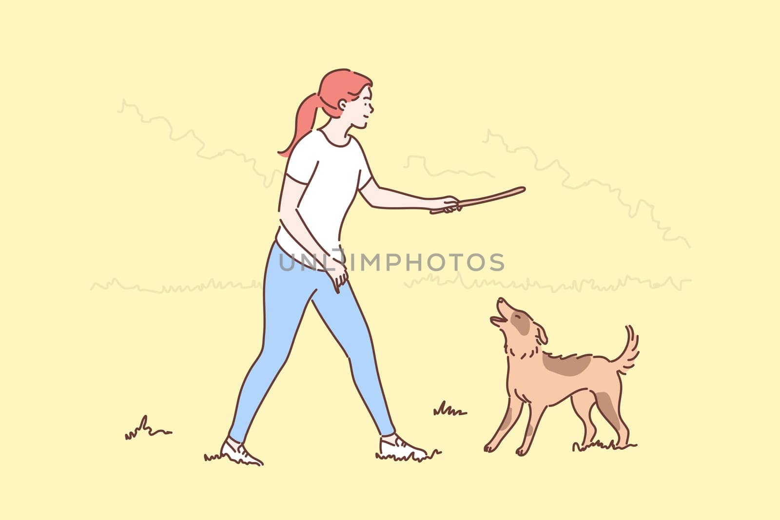 Fun, recreation, playing, friendship concept. Young smiling woman girl cartoon character walking with happy dog friend on summer countryside throwing stick. Leisure time activity pet love illustration